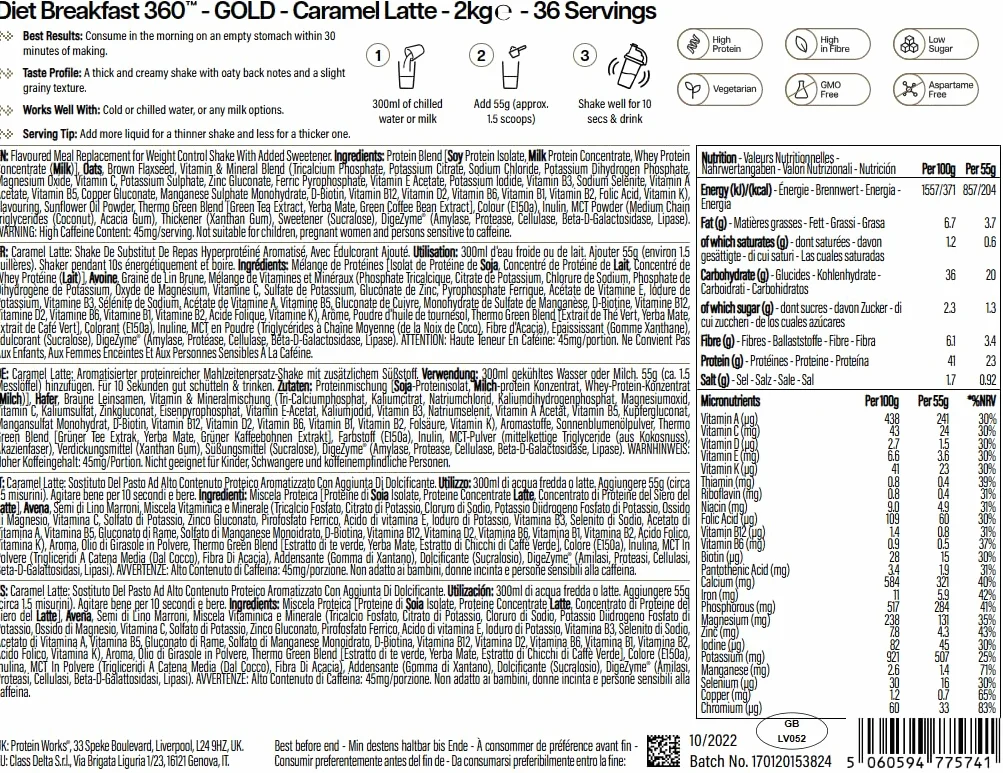 Protein Works | Diet Breakfast 360 – GOLD Innovation, Shake Colazione Sostitutivo Pasti Dietetico Salva-Tempo, Con Caffeina, Basso Zucchero, Caramel Latte, 36 Porzioni, 2kg