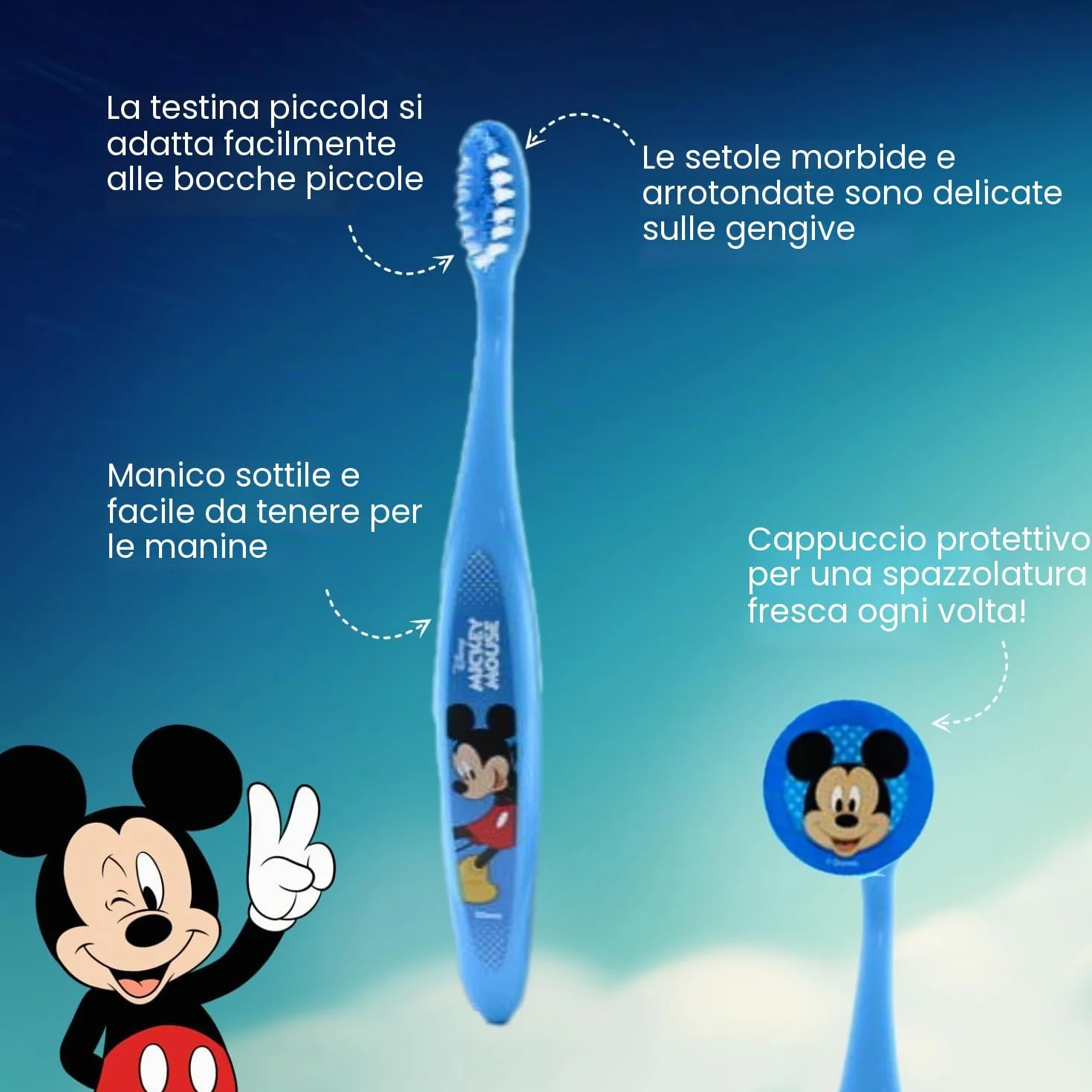 Mickey Mouse - Set di sacchetti per bambini, adatto ai viaggi, con spazzolino manuale con ventosa, tappo da viaggio, dentifricio al gusto di menta delicata per bambini da 75 ml e bicchiere Mr. White