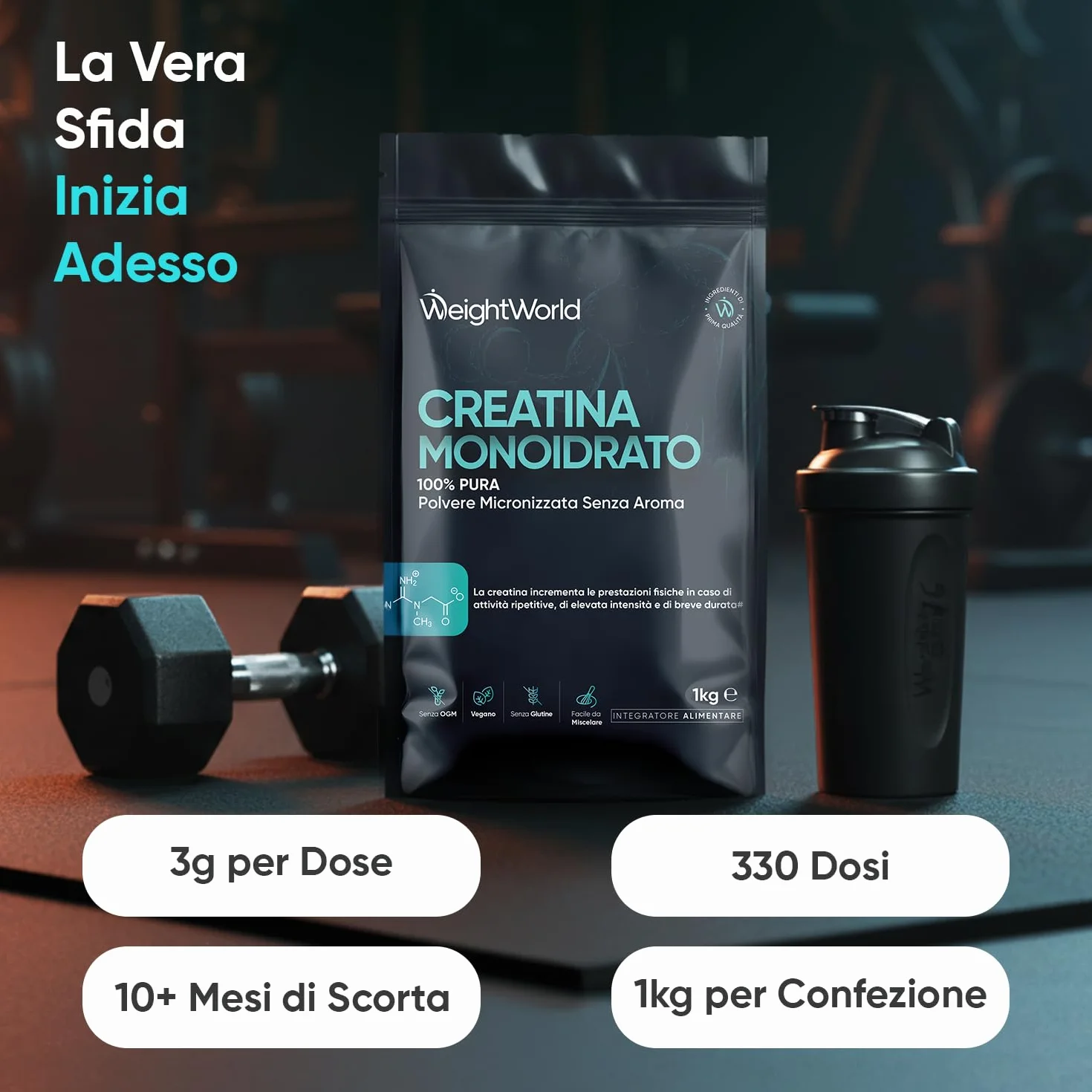 Creatina Monoidrata in Polvere 1kg, 3000mg, 330 Dosi, Micronizzata, Pura Vegana, Senza Glutine