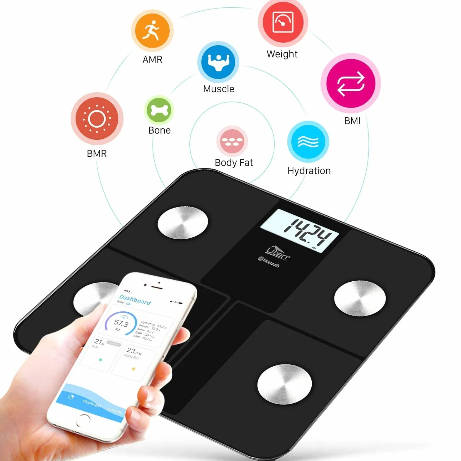Uten Ricarica USB Bilancia Digitale Bluetooth Pesapersone Professionale iOS Android Grasso Corporeo Massa Muscolare Metabolismo Basale Massa Ossea