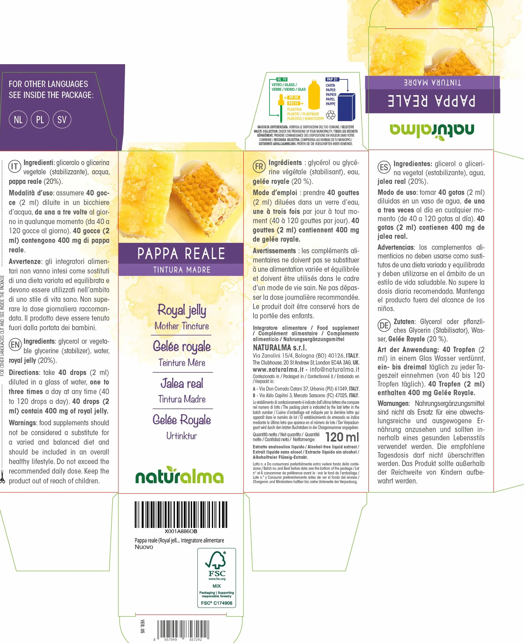 Pappa reale Tintura Madre analcoolica Naturalma - Estratto liquido gocce 120 ml Integratore alimentare