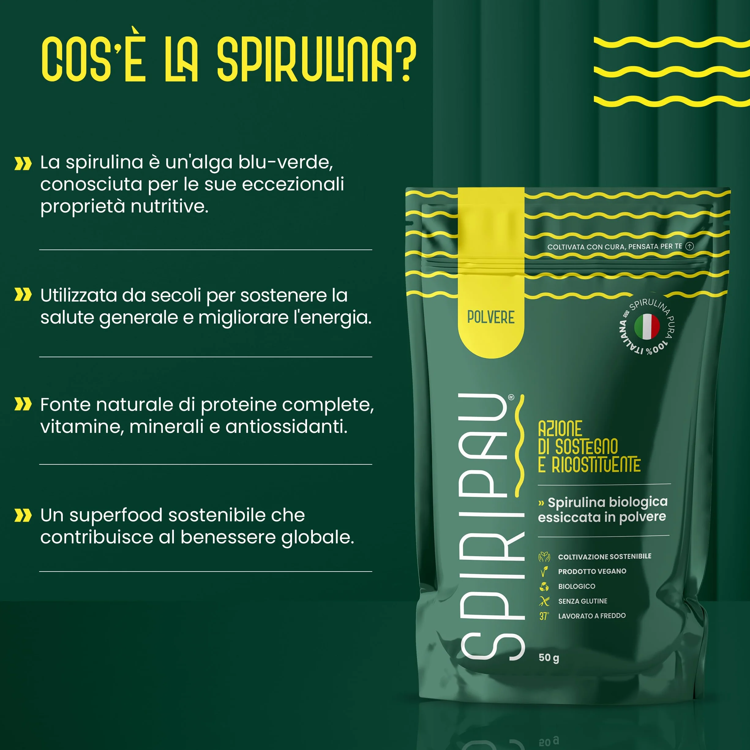 Spiripau Spirulina Bio Italiana in Polvere 50g - Superfood Naturale 100% Made in Italy Vegano