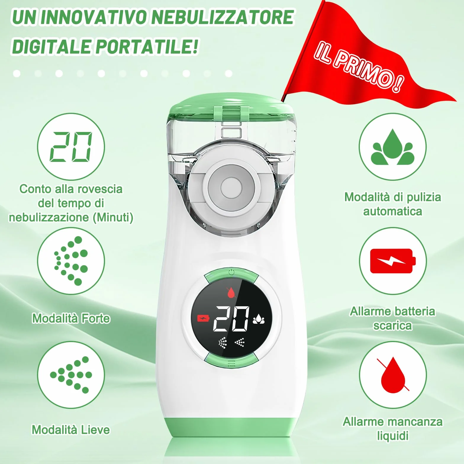 Wholede Aerosol Portatile Silenzioso Digitaler Ricaricabile Nebulizzatore per Adulti e Bambini Verde