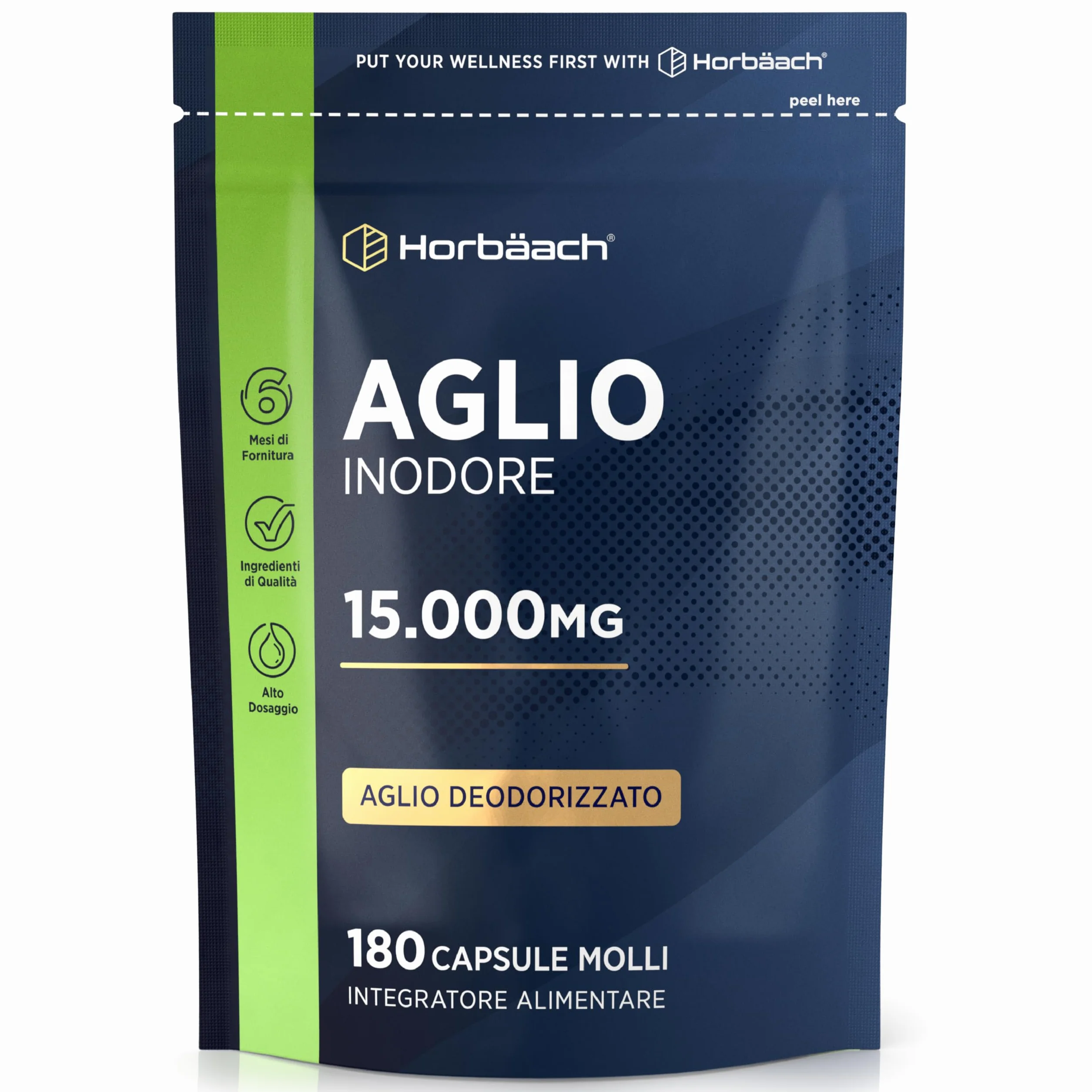 Aglio Capsule Inodore 15000mg | 180 Capsule Molli per 6 Mesi | Estratto di Aglio Deodorizzato ad Alto Dosaggio | Ricavato da Allium Sativum | Odorless Garlic Softgels | by Horbaach