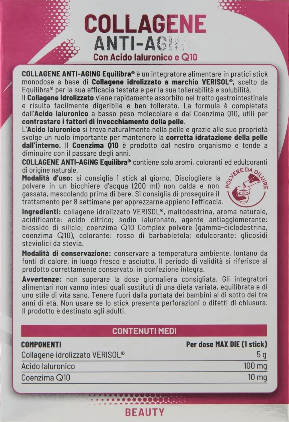 Equilibra Collagene Anti-Aging VERISOL® 14 Mono Stick 5000mg Acido Ialuronico Coenzima Q10