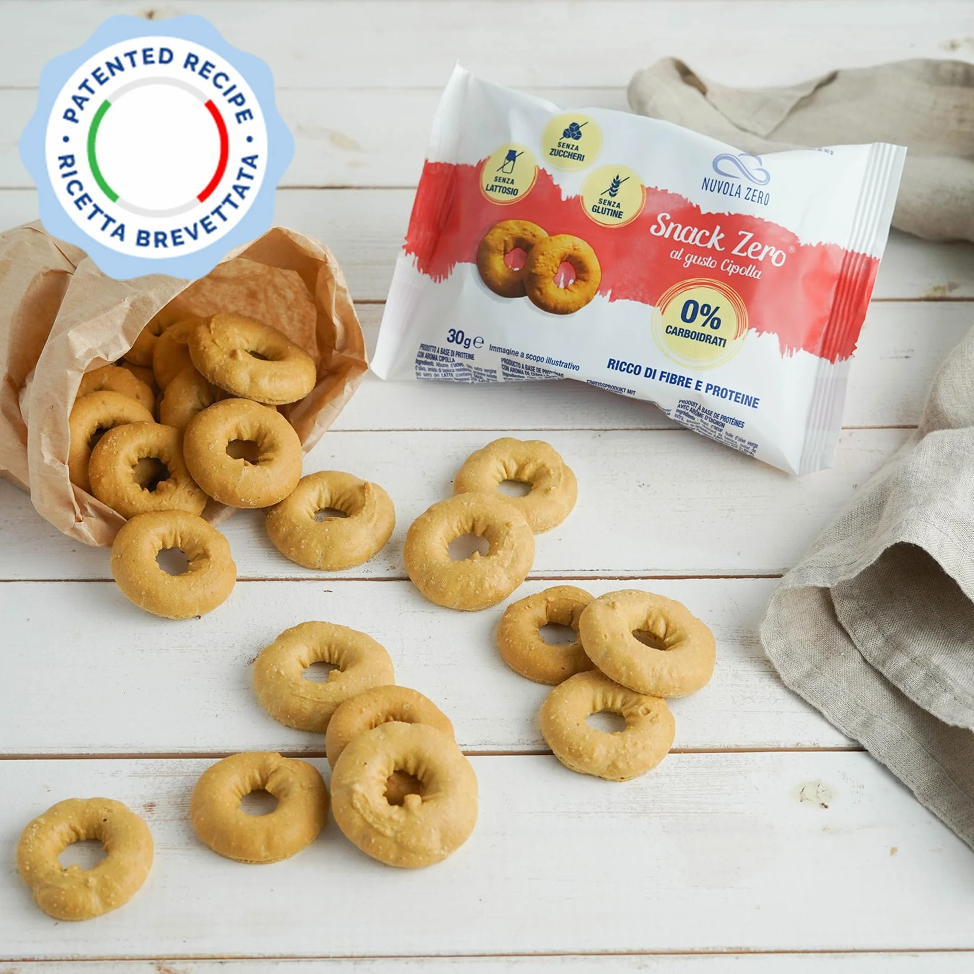 Nuvola Zero - Snack Zero al gusto cipolla, Snack Proteici Senza Zucchero, Zero Carboidrati, Senza Lattosio, Senza Glutine, Confezione da 3pz. Made in Italy.
