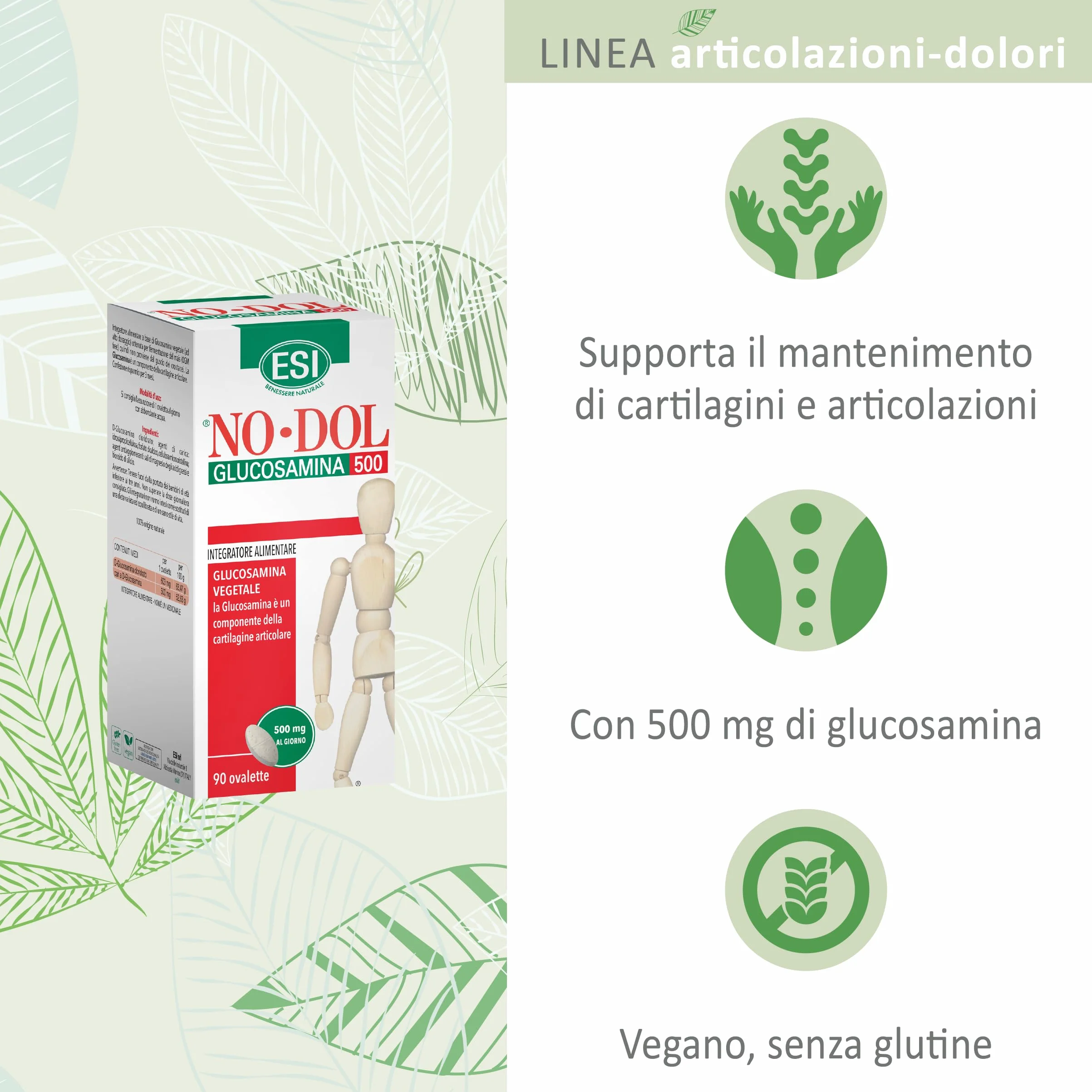 ESI - No-Dol Glucosamina 500, Integratore Alimentare a Base di Glucosamina, Elemento Caratterizzante di Tessuti Connettivi e Cartilagini, Senza Glutine e Vegan, 90 Ovalette