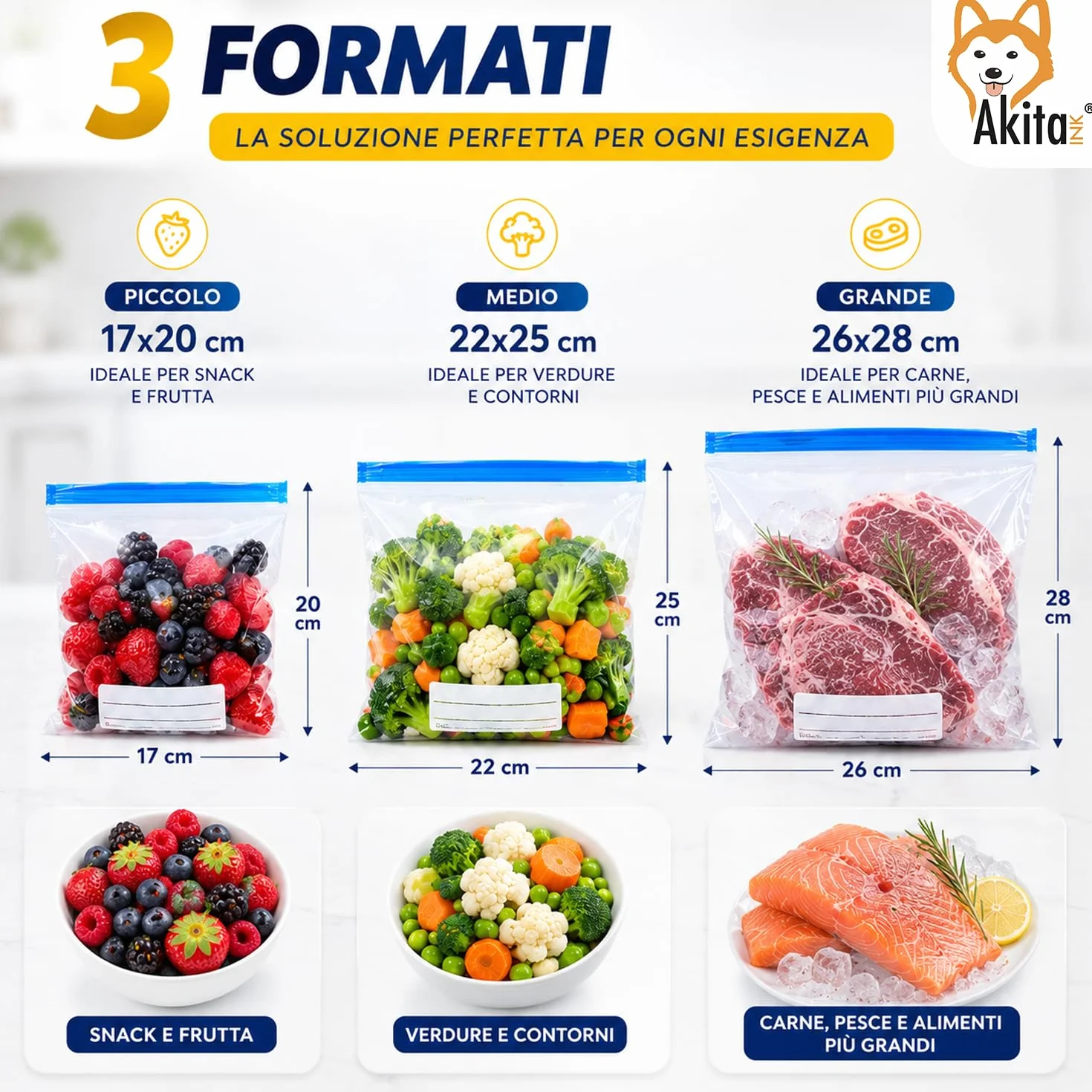 AkitaInk Set 60 Sacchetti Freezer con Chiusura Zip, Buste Gelo Alimentari Richiudibili in 3 Misure Assortite per Conservazione Cibi