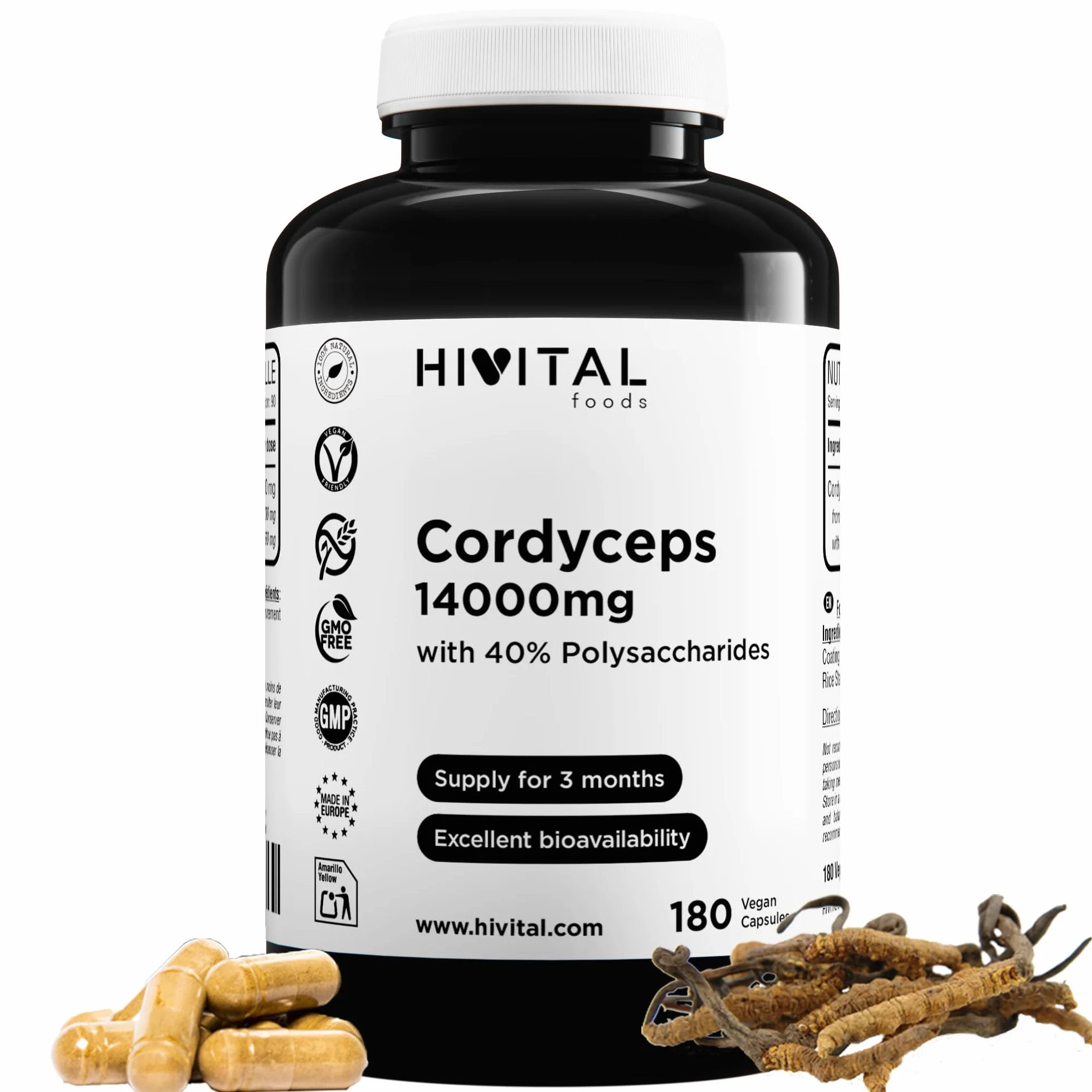 Cordyceps 14000 mg. 180 capsule vegane per 3 mesi di trattamento. Cordyceps Sinensis CS-4 con 40% di Polisaccaridi. Estratto Naturale di fungo. Prodotto in Europa da HIVITAL