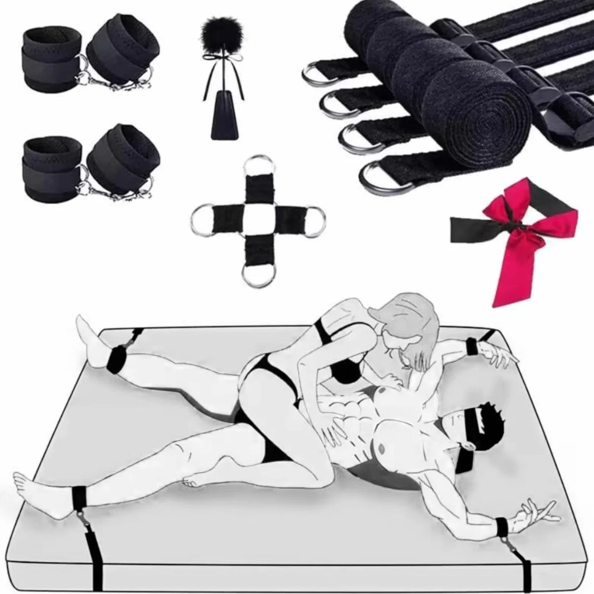 BDSM Bondage Kit per Coppie, Set Restraints con Manette, Bendaggio Occhi, Frustino, Cinghie Letto