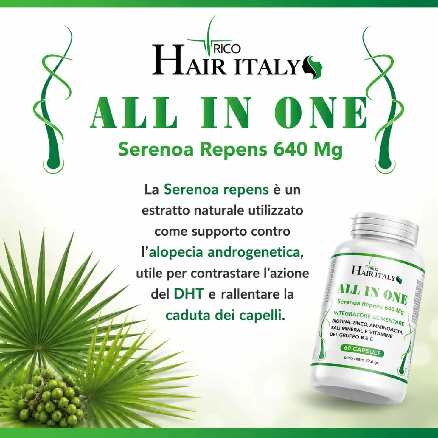 Integratore Capelli con Serenoa Repens, Biotina, Zinco, Selenio, Saw Palmetto e Caffeina - Multivitaminico per la Crescita e Contro la Caduta