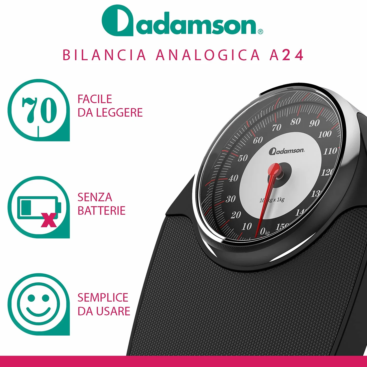 Adamson A24 Bilancia Pesapersone Meccanica, Analogica, Fino a 160 kg, Piedini Anti Scivolo – NUOVA - Durevole, Accurata e precisa – 20 Anni di Garanzia – Per la tua casa – Camera da Letto e Bagno