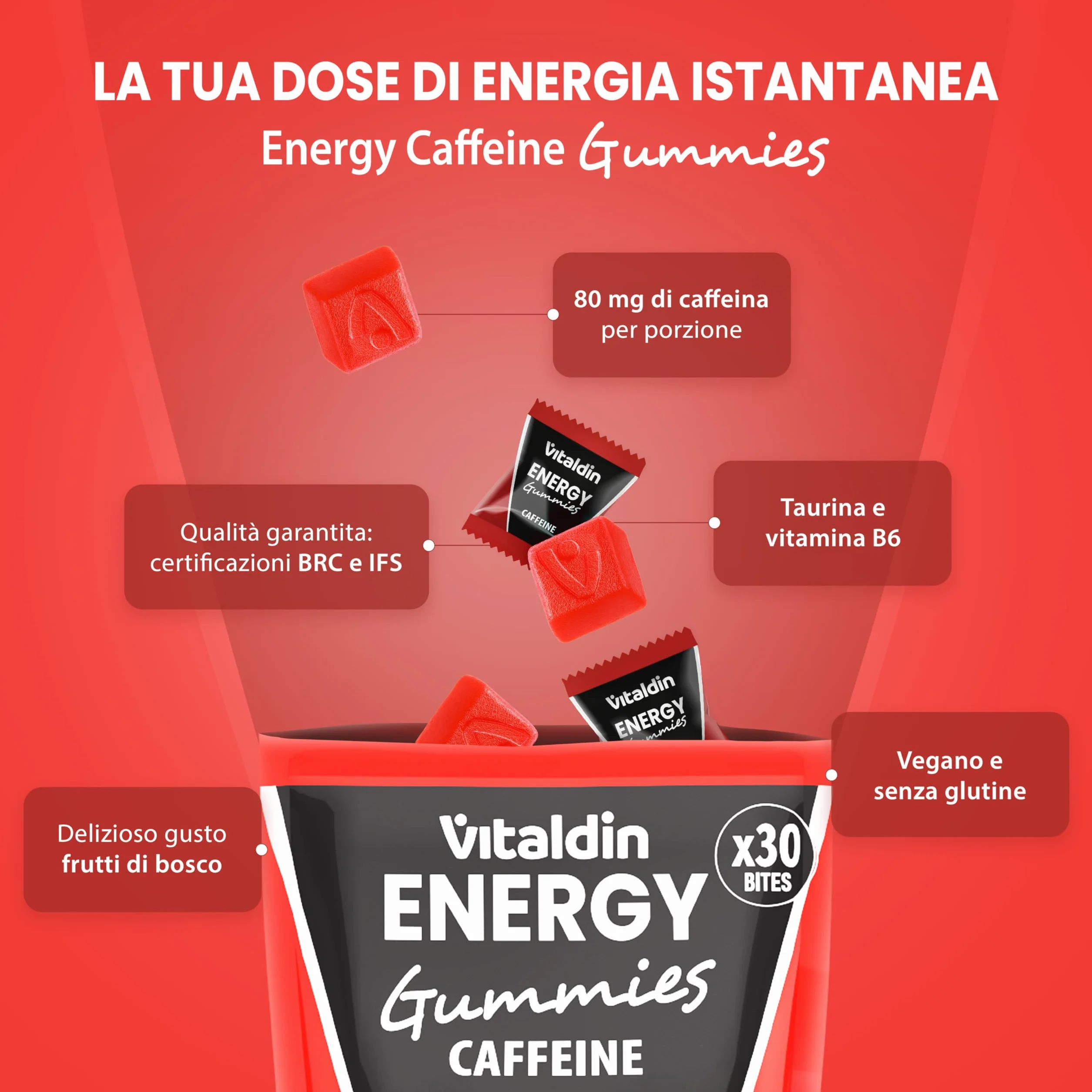 VITALDIN SPORT Power Gummies 80 mg Caffeina 40 mg Taurina 30 Caramelle Gommose gusto Frutti Rossi Vegano