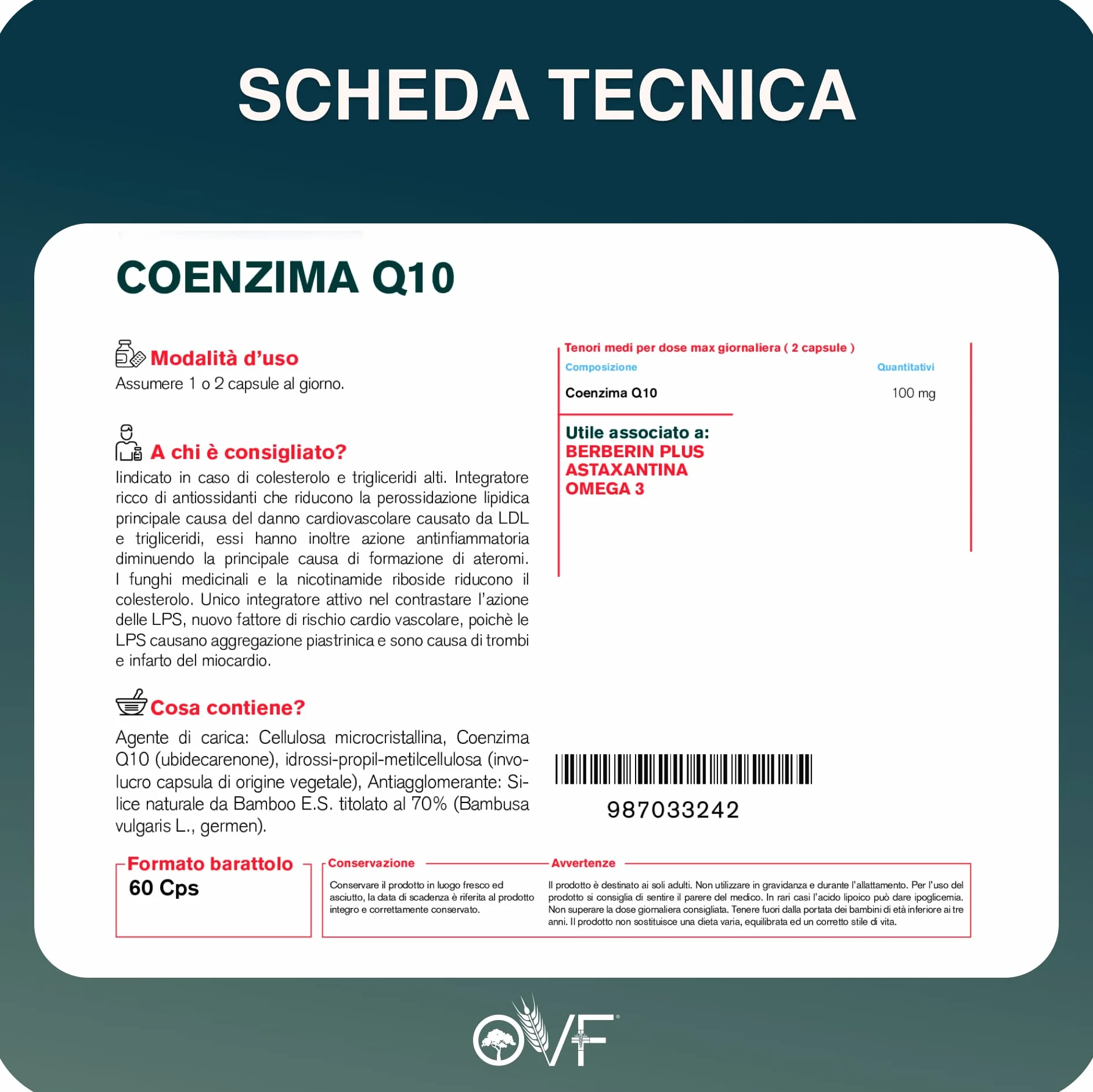 OVF Coenzima Q10 100mg (60 Cps) - Sostegno Energetico e Cardiaco - Integratore Naturale - Q10 Coenzima Antiossidante AntiAge per la Pelle e il Sistema Immunitario.