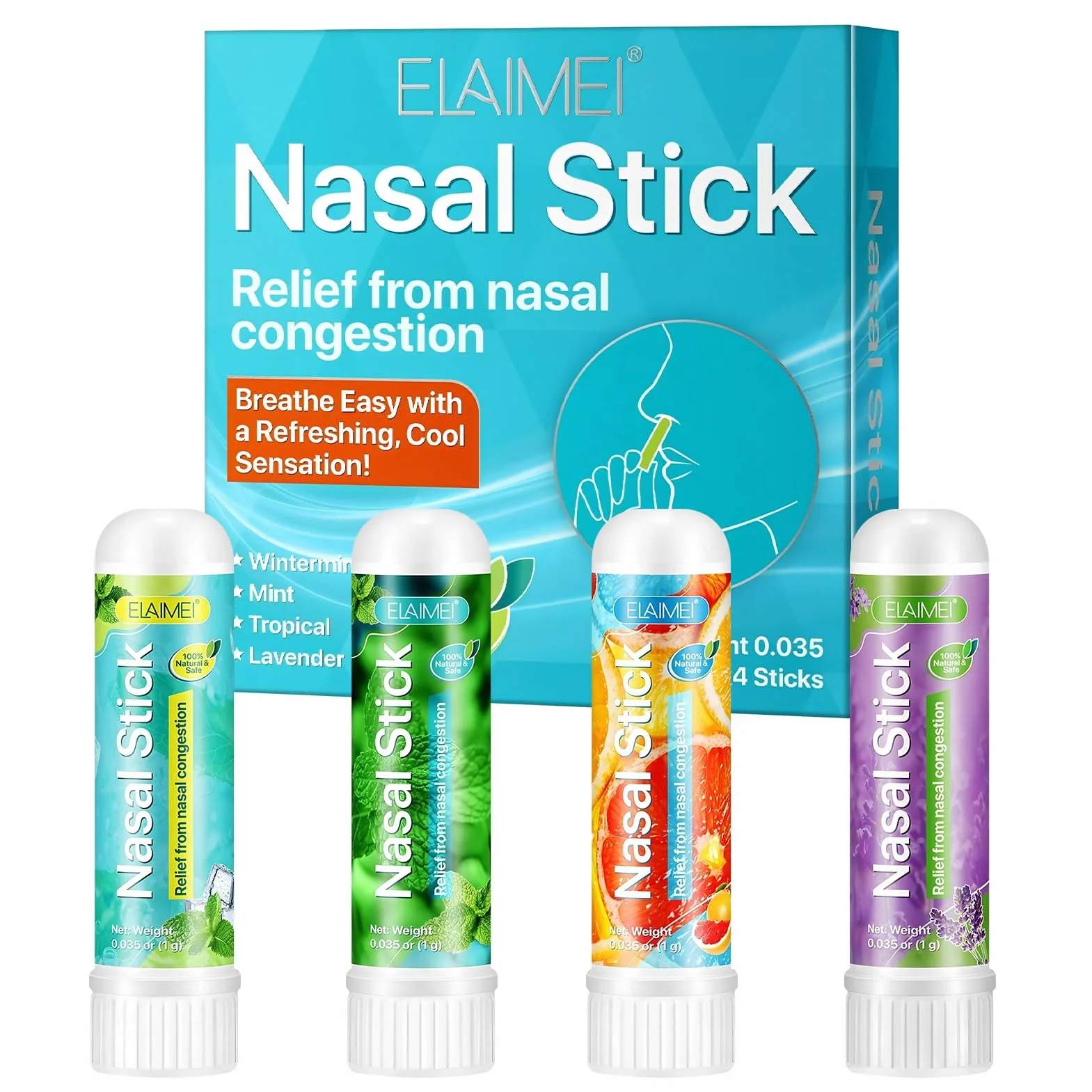 Nasal Stick 4 Pack, Bastone Nasale Agli Oli Essenziali, Effetto Fresco Lenitivo,Rilassa la Mente e il Corpo,Migliora la Concentrazione,Inalatore Nasale-Menta, Menta Piperita, Arancia, Lavanda