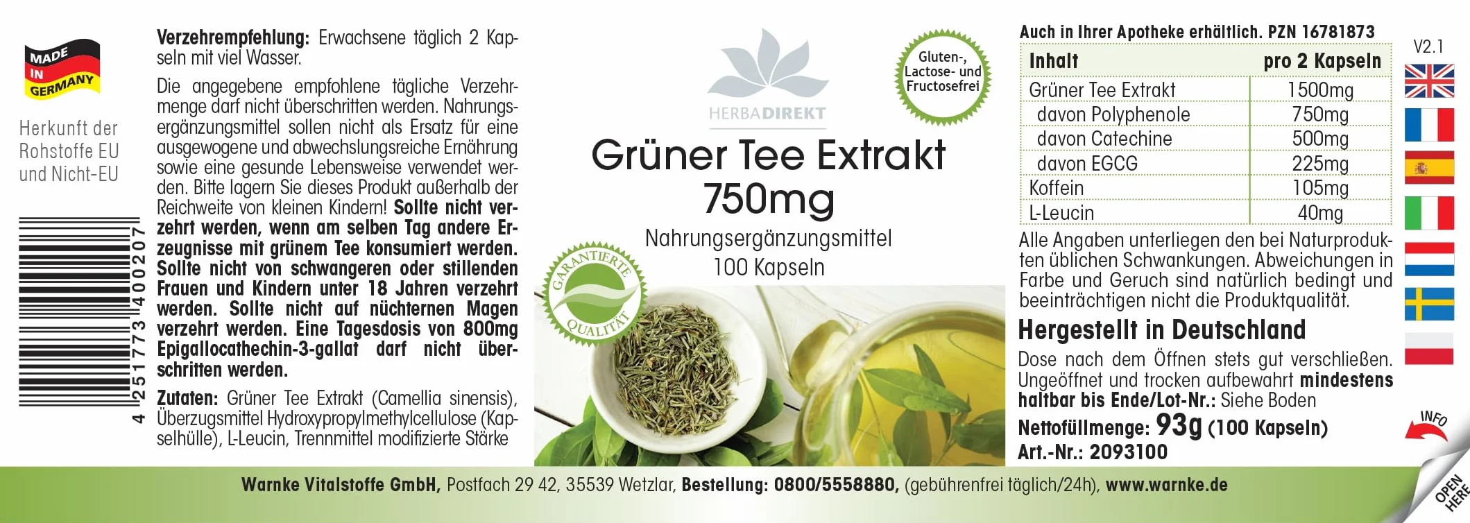 Estratto di tè verde 750 mg capsule - 100 capsule - polifenoli - catechine - EGCG - caffeina - ad alto dosaggio - vegano | HERBADIREKT by Warnke Vitalstoffe - Qualità farmaceutica tedesca