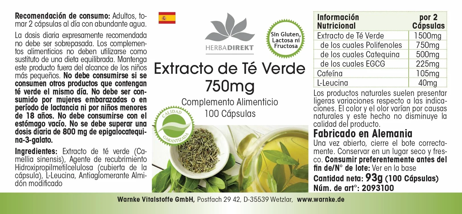 Estratto di tè verde 750 mg capsule - 100 capsule - polifenoli - catechine - EGCG - caffeina - ad alto dosaggio - vegano | HERBADIREKT by Warnke Vitalstoffe - Qualità farmaceutica tedesca
