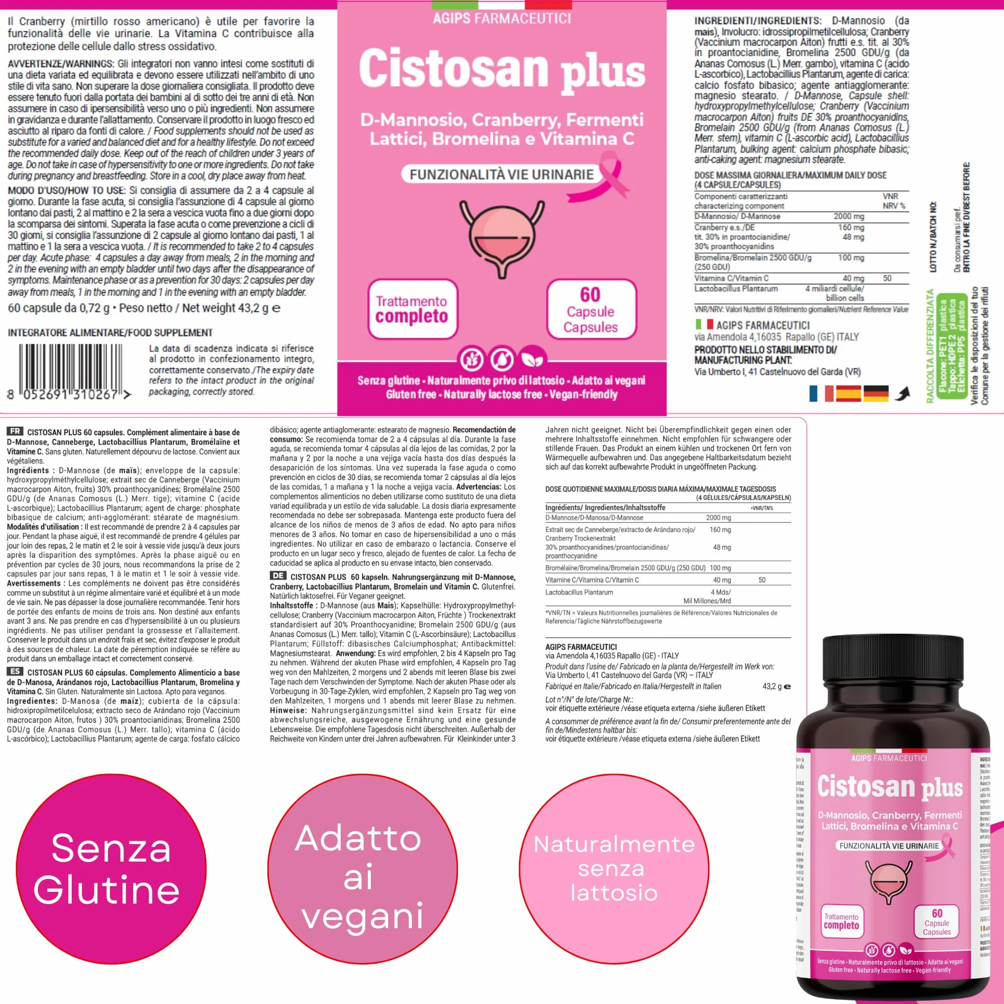 Integratore Cistite con D-Mannosio Puro 2000 mg Bromelina Mirtillo Rosso Fermenti lattici Vitamina C Per Favorire La Funzionalità Vie Urinarie Vegano 60 capsule Cistosan Agips Farmaceutici
