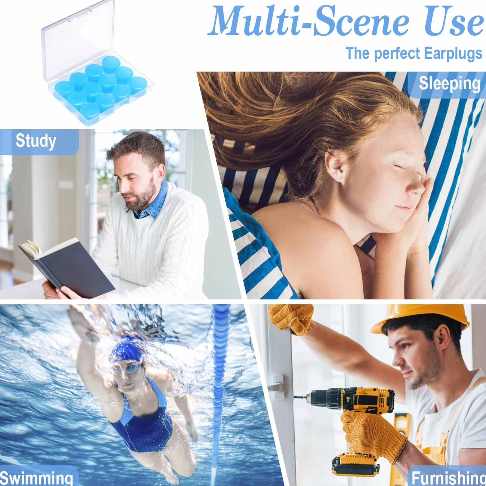 12 Paia Tappi Orecchio Silicone Riutilizzabili tappo per Dormire e Nuoto orecchia Antirumore Morbida Modellabili per Bambini e Adulti (Blu)