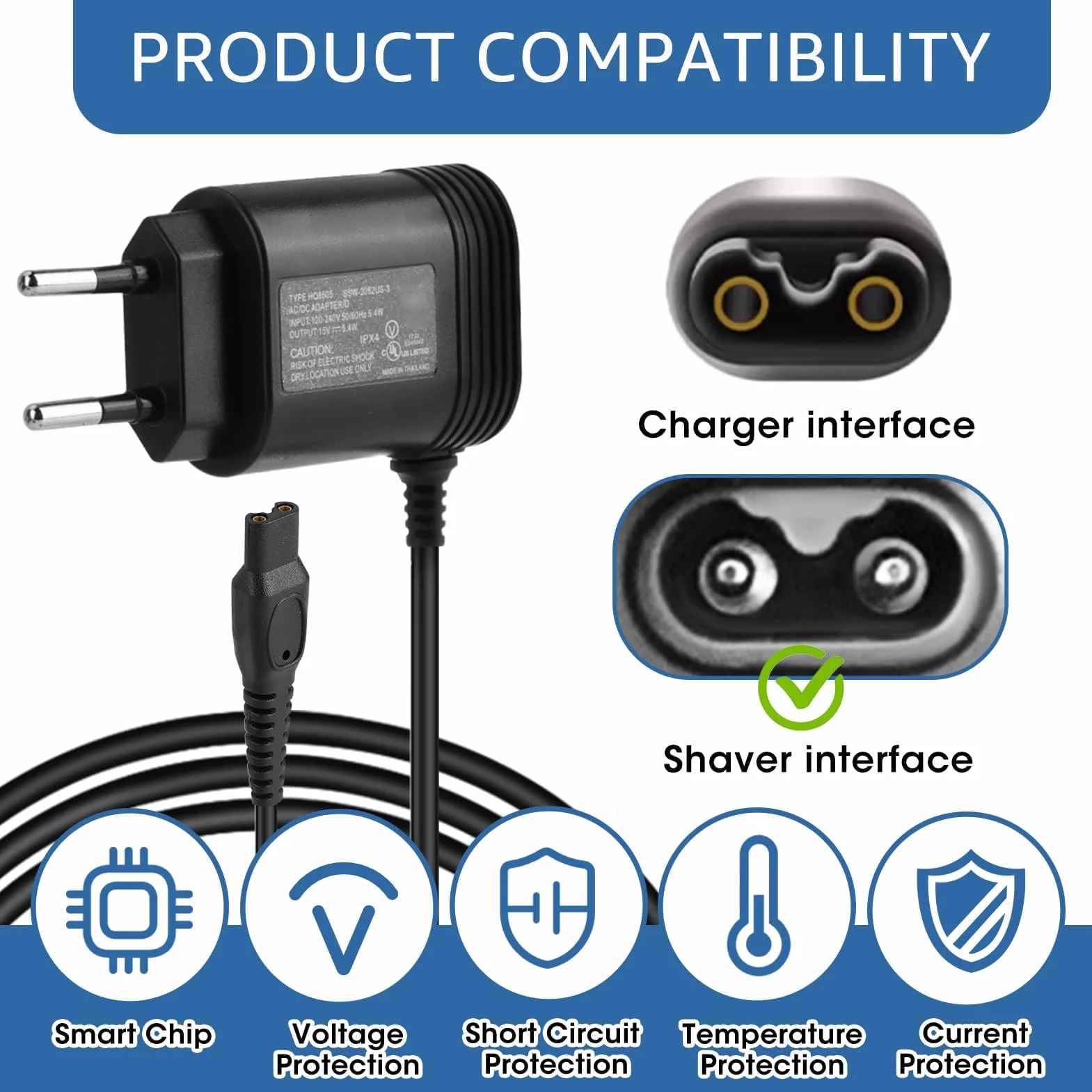 Caricabatterie Rasoio 15 V Compatibile con Philips HQ8505 MG7745 MG7730 MG7720 MG7710 QP6510 QP6520 QP6530 QP6541 QP6550 QP6620 QP6650 RQ HQ AT PT BT