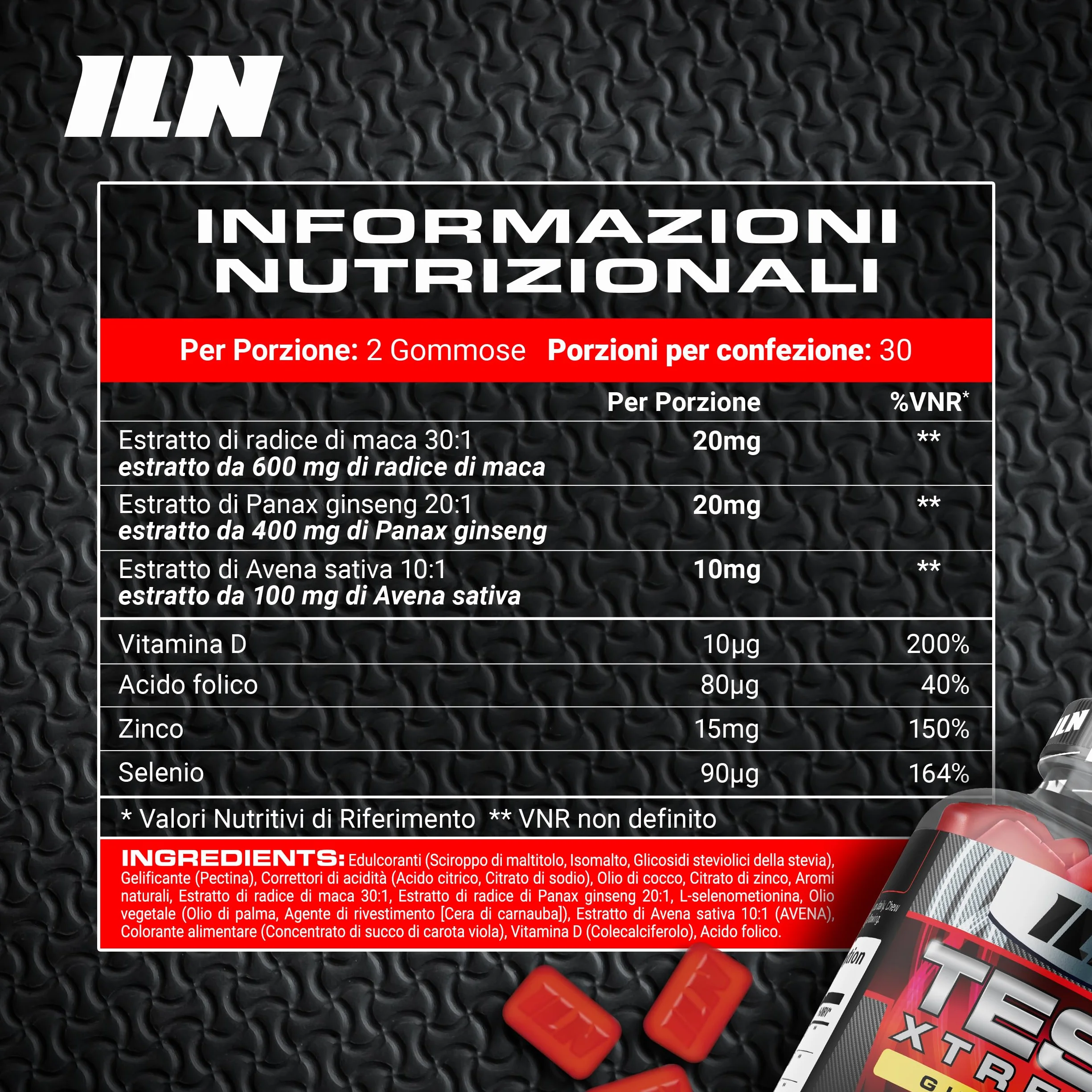 Test Xtreme Gommose Uomo - Maca 30:1, Ginseng, Zinco - Senza Zuccheri, Gusto Frutti di Bosco - 60 Gommose Vegane