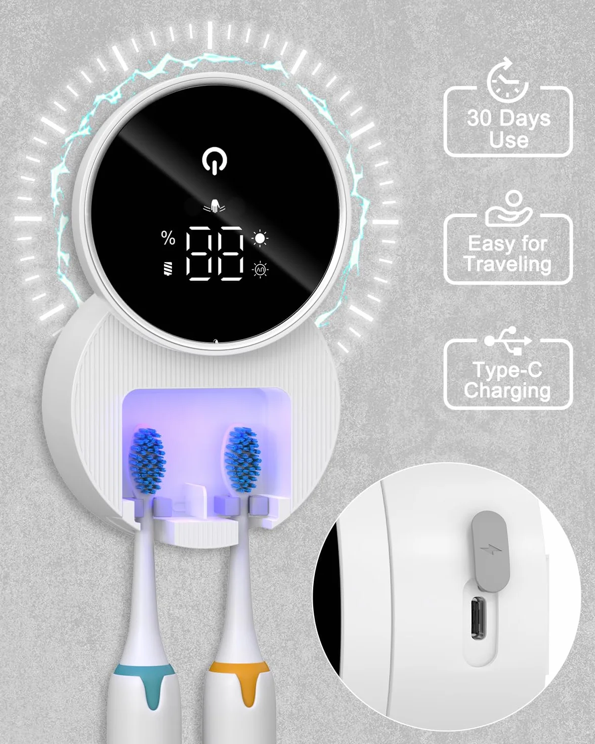 Sanitizer e supporto per spazzolino da denti UV, disinfettante per spazzolino da denti da parete con funzione di sterilizzazione e asciugatura, schermo intelligente a LED, copertura auto-induttiva