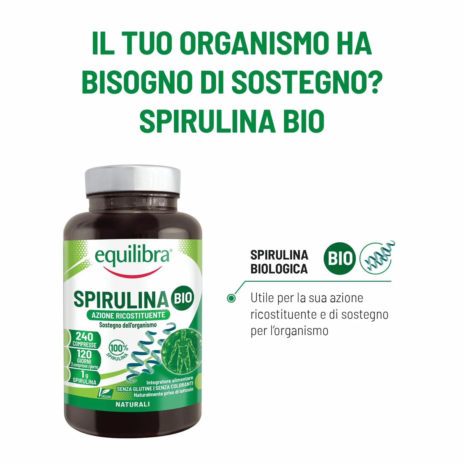 Equilibra Spirulina Bio Integratore Alimentare Compresse 240, 1g per Dose, Vegan