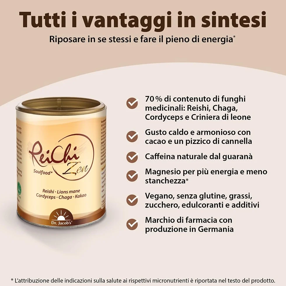 ReiChi Zen I 70% di funghi pregiati: Reishi, Chaga, Cordyceps, “Criniera di leone” I Caffè ai funghi I Caffeina dal guaranà I Magnesio per i nervi e la psiche* I vegano, senza additivi I 150 g, 30 taz