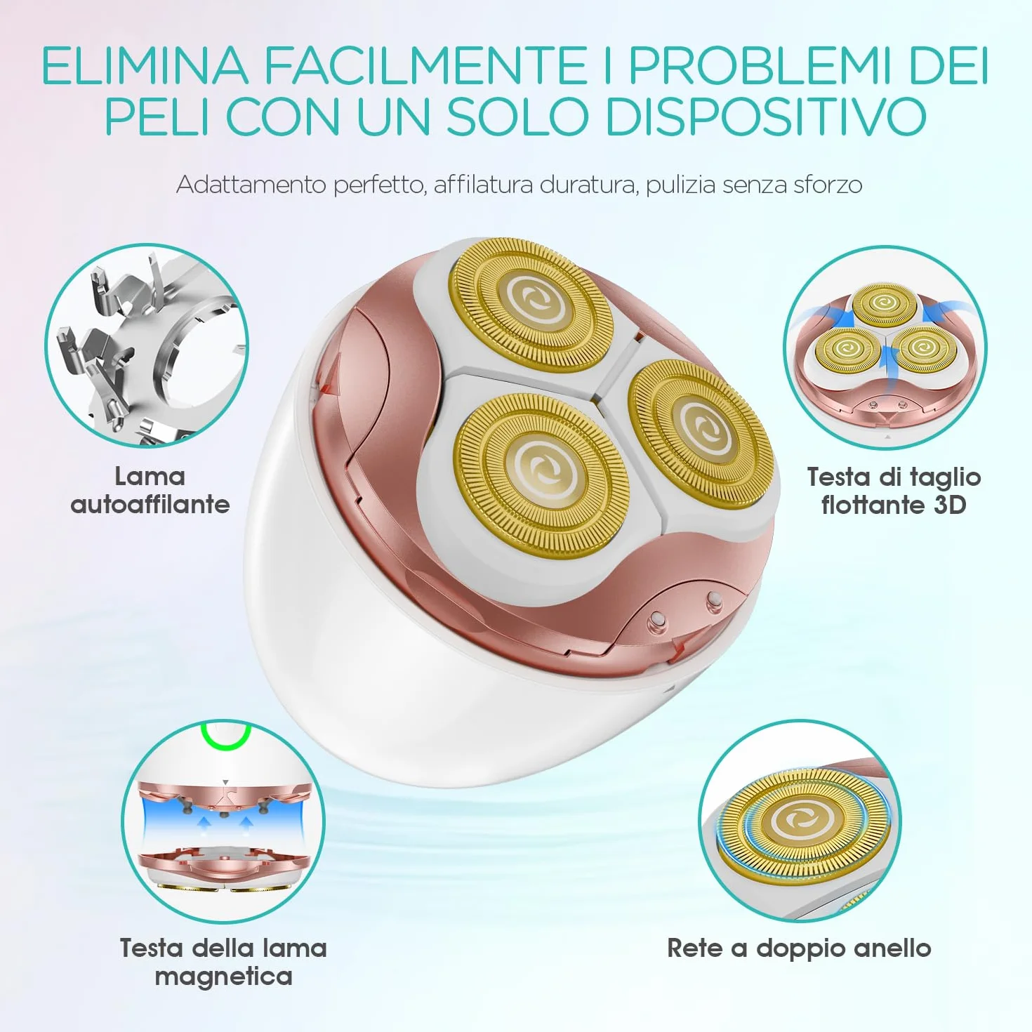 Rasoio Elettrico Donna ES300 Testina 3D Lama Autoaffilante Ricaricabile Viso Corpo Gambe Ascelle Bikini Secco Doccia Oro