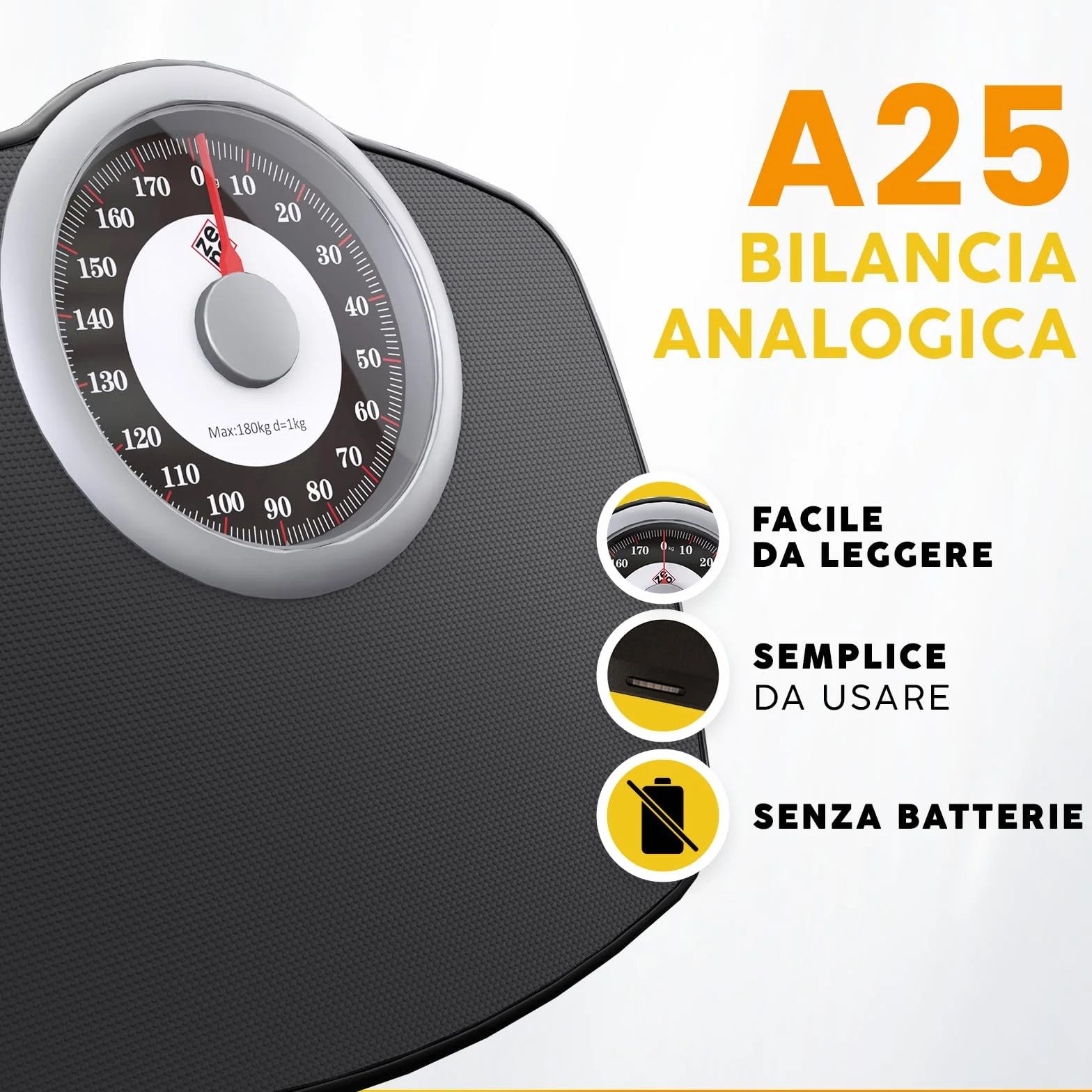 Zeno A25 Bilancia per Peso Corporeo - Fino a 180 KG - Quadrante Da 5,3” SU Piattaforma 31x30cm - Superficie in Gomma Antiscivolo - Bilancia Da Bagno Analogica Ad Precisione - 20 Anni DI Garanzia