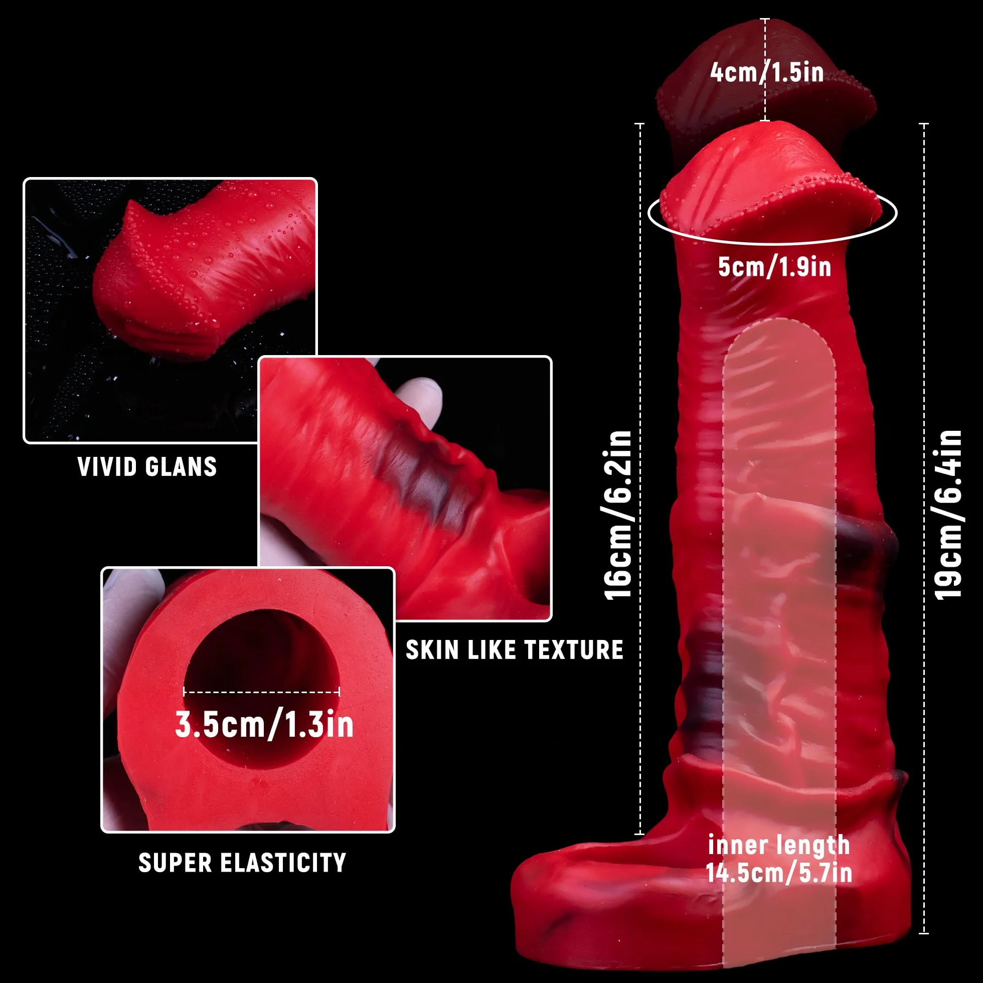 Guaina di estensione in silicone a forma di cavallo per pene maschile con fibbia estensibile per aumentare la lunghezza e la circonferenza (rosso)