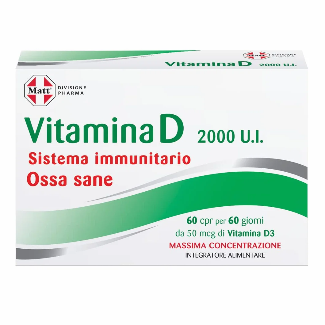 Matt, Vitamina D 2000 U.I., Integratore Alimentare per le Difese Immunitarie, Contribuisce al Mantenimento di Ossa e Denti Sani, Confezione da 60 Compresse