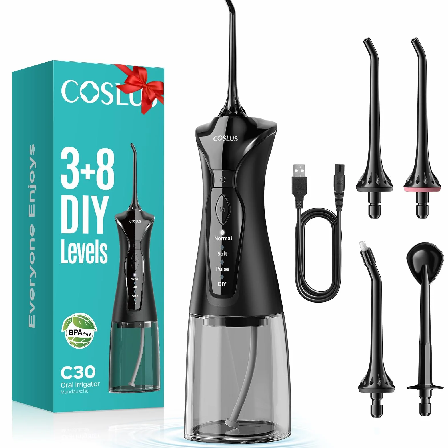 COSLUS C30 Idropulsore Dentale Portatile: 300ml Irrigatore Orale Senza Fili, 4 Modalità Idropulsore Dentale, Vincitore del Test 30 Giorni, Facile da Usare, IPX7 Impermeabile, Nero