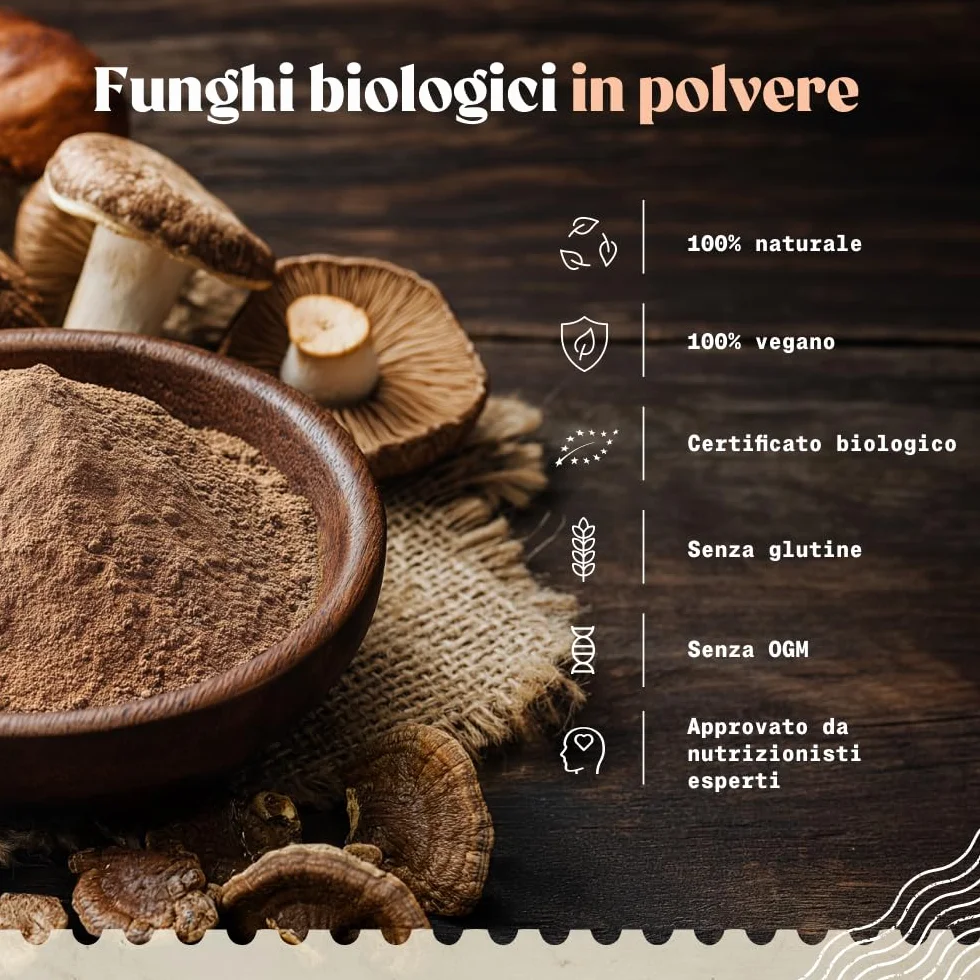 NaturaleBio Miscela di funghi in polvere 200g. Aumenta l'energia, favorisce la concentrazione, supporta l'intestino e il sistema immunitario. Bio, vegano, senza glutine e non OGM. Facile da consumare.