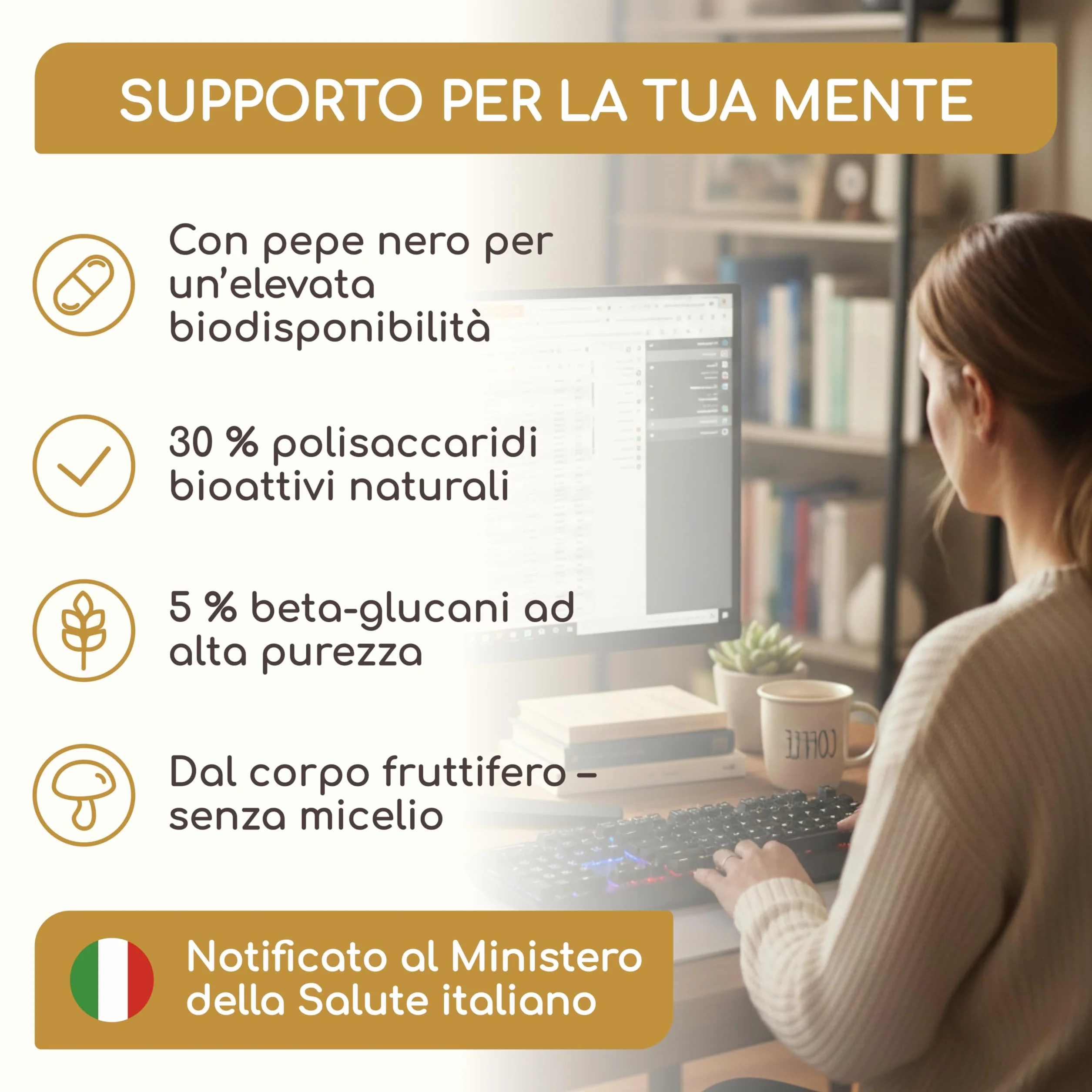 Lions Mane 58.500 mg (Estratto 30:1) Capsule - Per il Cervello, il Benessere e l’Umore - Hericium Erinaceus, Vitamina C e Pepe Nero - 30% Polisaccaridi, 5% Beta-Glucani - Raibu