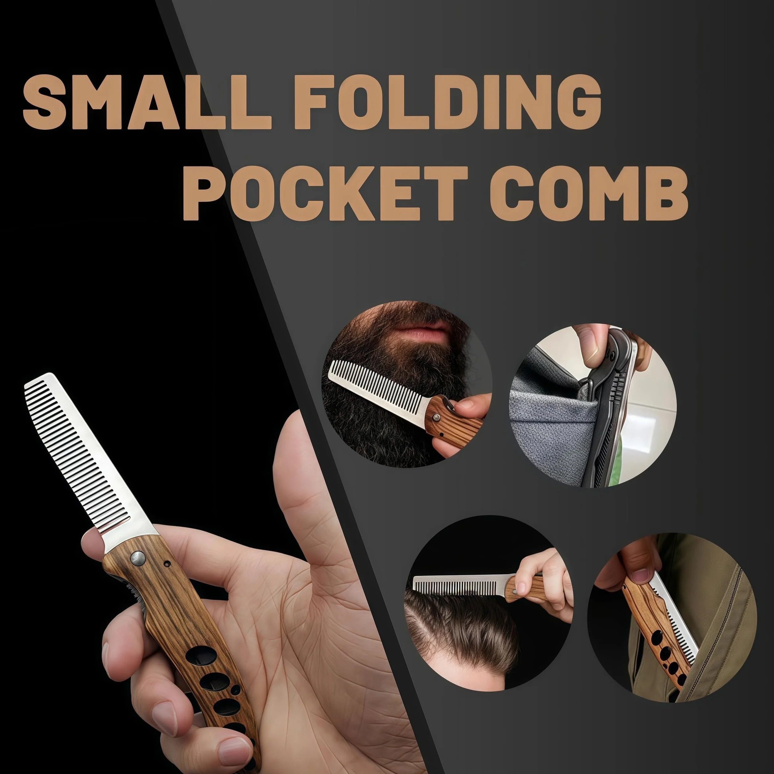 Pieghevole Pettine Barba Uomo Legno Acciaio Inox Accessorio Viaggio Modello Tascabile