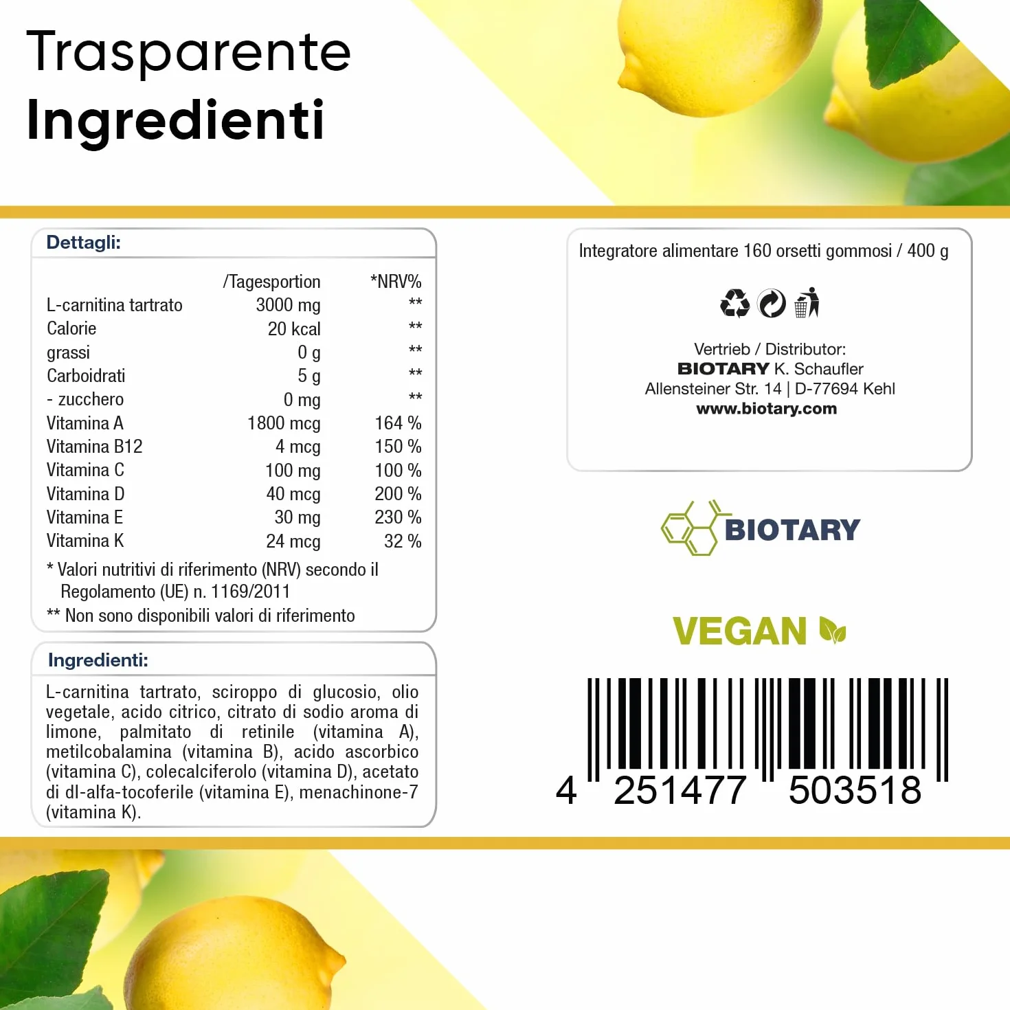 Caramelle Gommose L-Carnitina 3000 mg, 160 Gummies, con Vitamine A B12 C D E K, Vegane Senza Zucchero