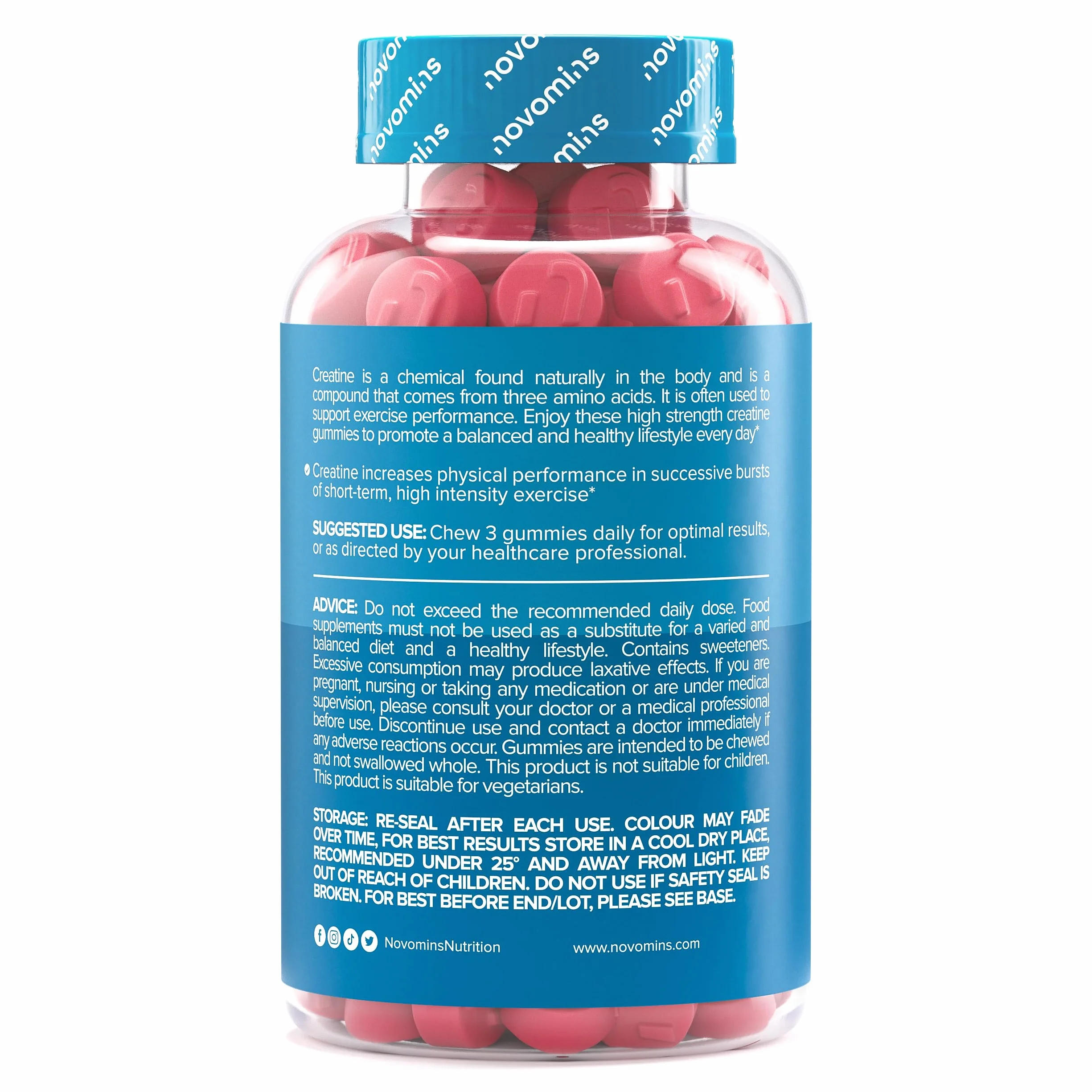 Creatina Monoidrata Gommose – 5000 mg per Porzione ad Alta Forza – Aumenta le Prestazioni Fisiche – Alternativa a Polvere, Compresse e Capsule – Vegana, Gusto Fragola – 90 Gommose – Novomins