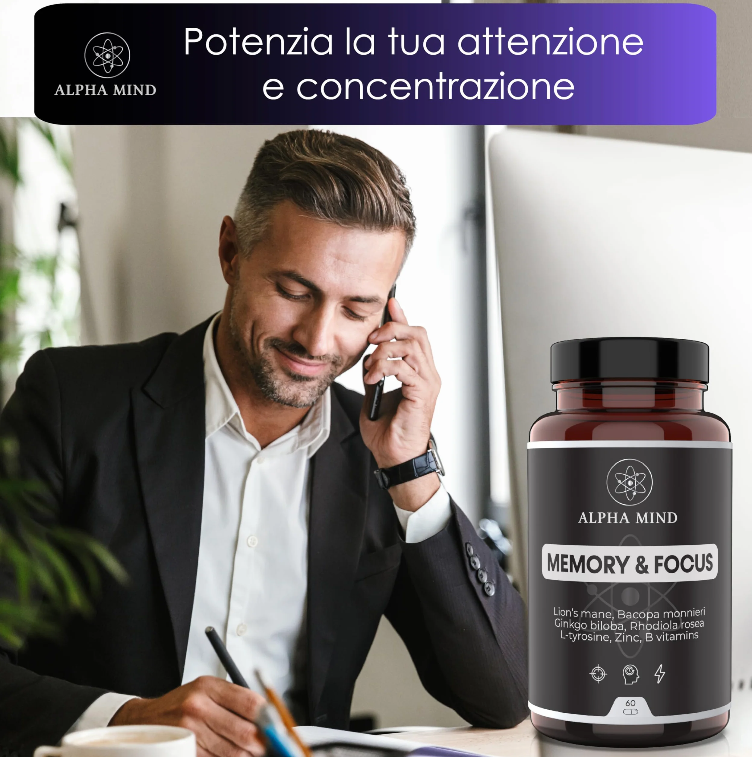 Nootropico Potente Naturale - Concentrazione, Memoria, Agilità Mentale - Con Lions mane, Ginkgo biloba, Bacopa Monnieri, Rhodiola Rosea, L Tirosina, Zinco, Vitamine B - Senza Caffeina