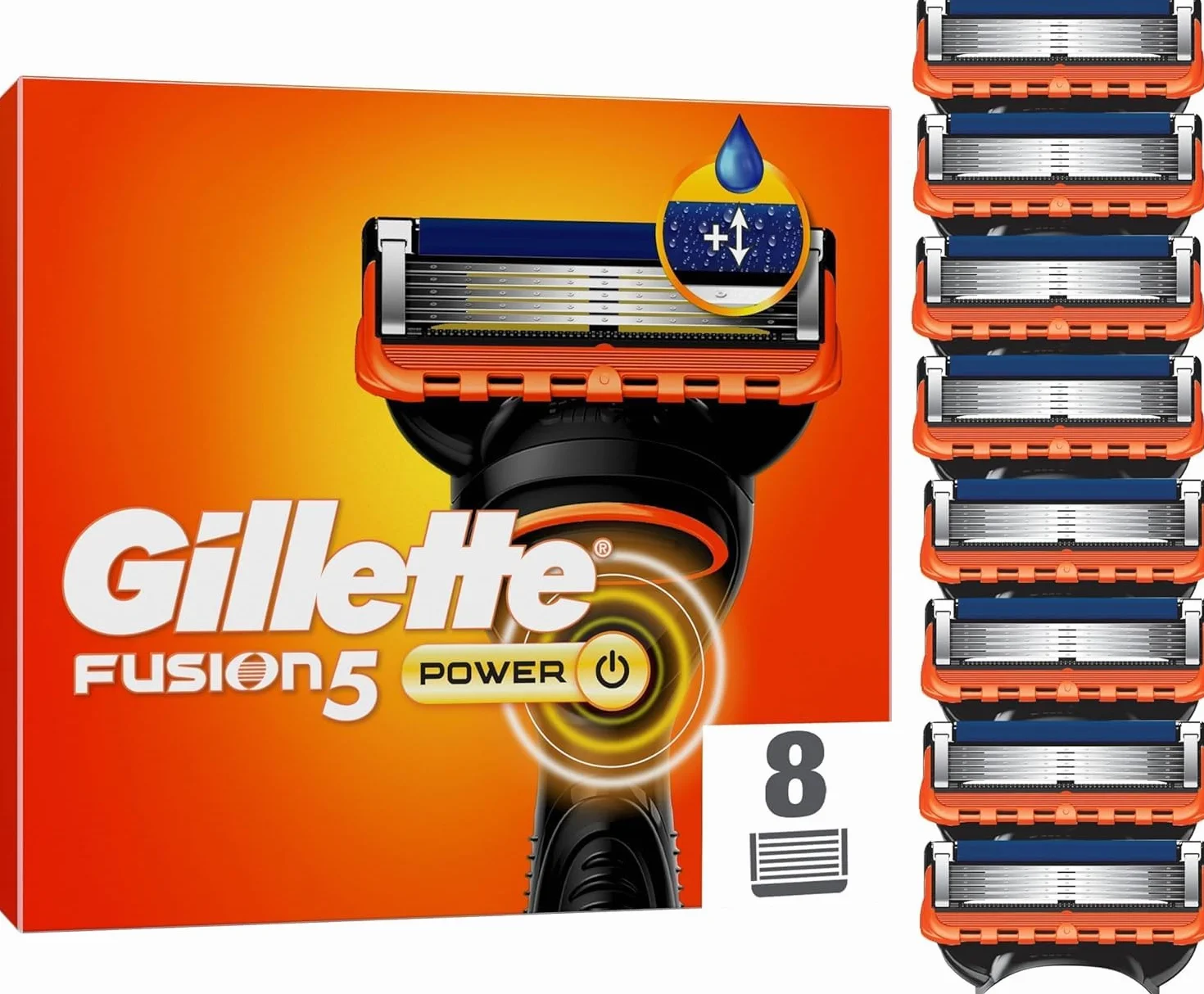 Gillette lame da barba Fusion5 Power, 8 lame di ricambio originali da uomo con una striscia scorrevole più grande per una scorrevolezza fluida e 5 lame per una rasatura incredibilmente