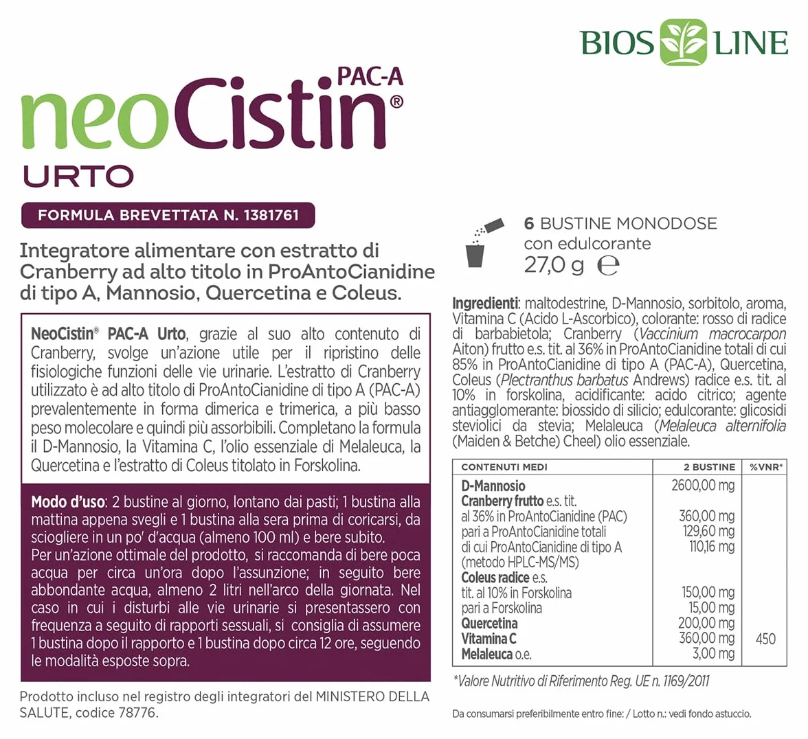 NEOCISTIN PAC-A Urto, Integratore Alimentare per il Benessere delle Vie Urinarie, con Cranberry (Mirtillo Rosso Americano), D-Mannosio, Vitamina C, Quercetina, 6 Bustine