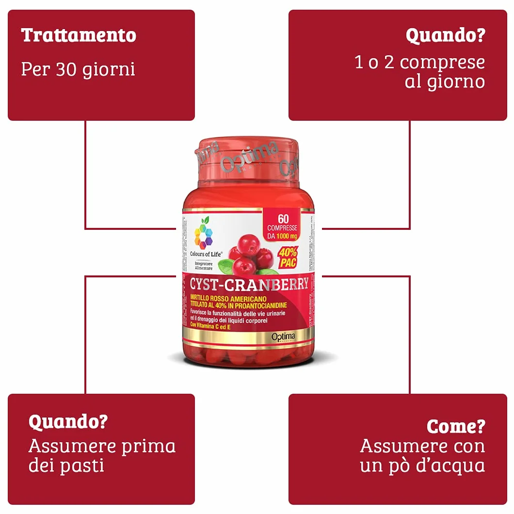 Colours of Life Cyst Cranberry Integratore di Mirtillo Rosso 60 Compresse Senza Glutine Vegano