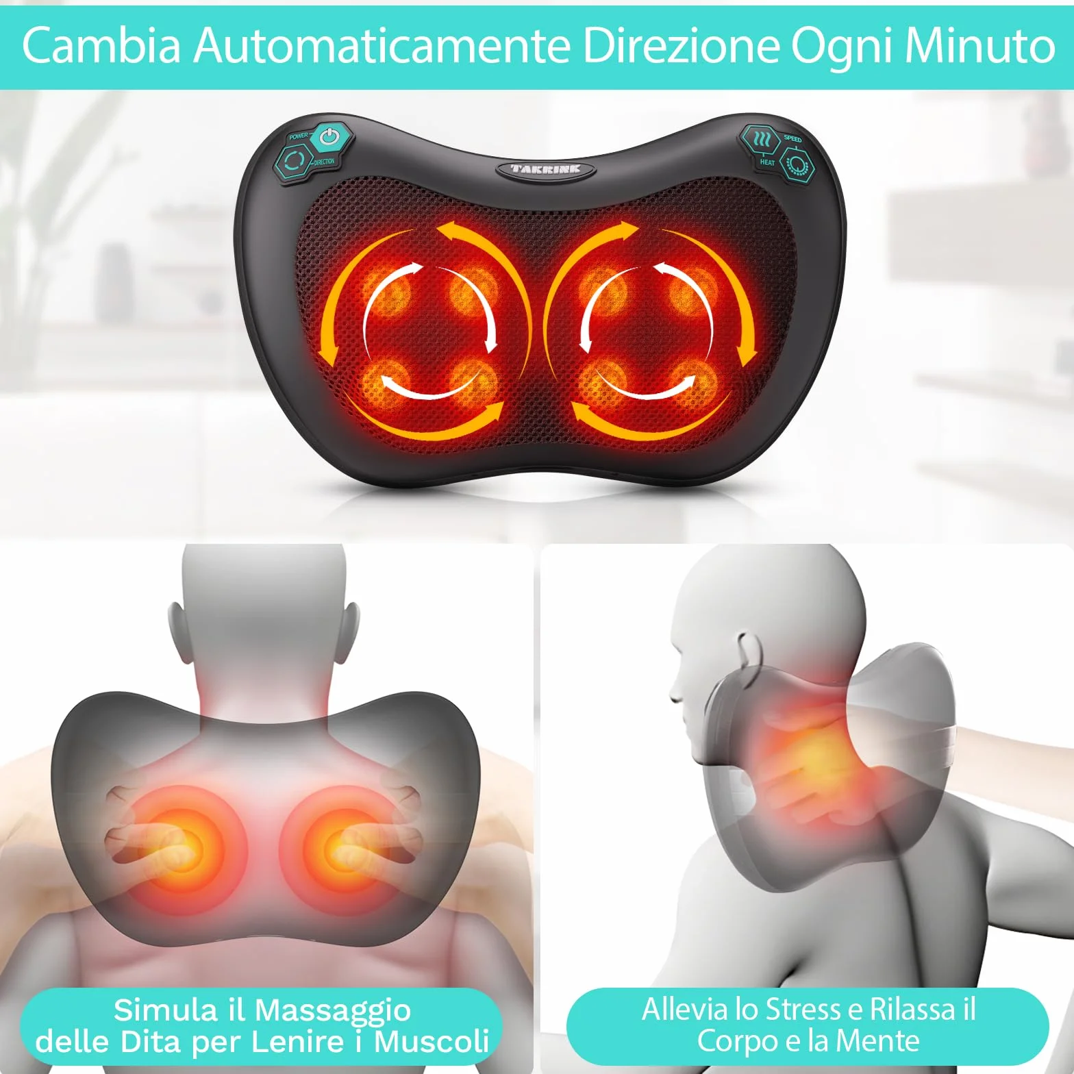 TAKRINK Cuscino Massaggiatore Elettrico Cervicale per Collo e Schiena con 8 Nodi Shiatsu, 3 Velocità Regolabili, Cambio di Direzione Automatico, Rilassarsi Muscolare Adatto a Casa Ufficio