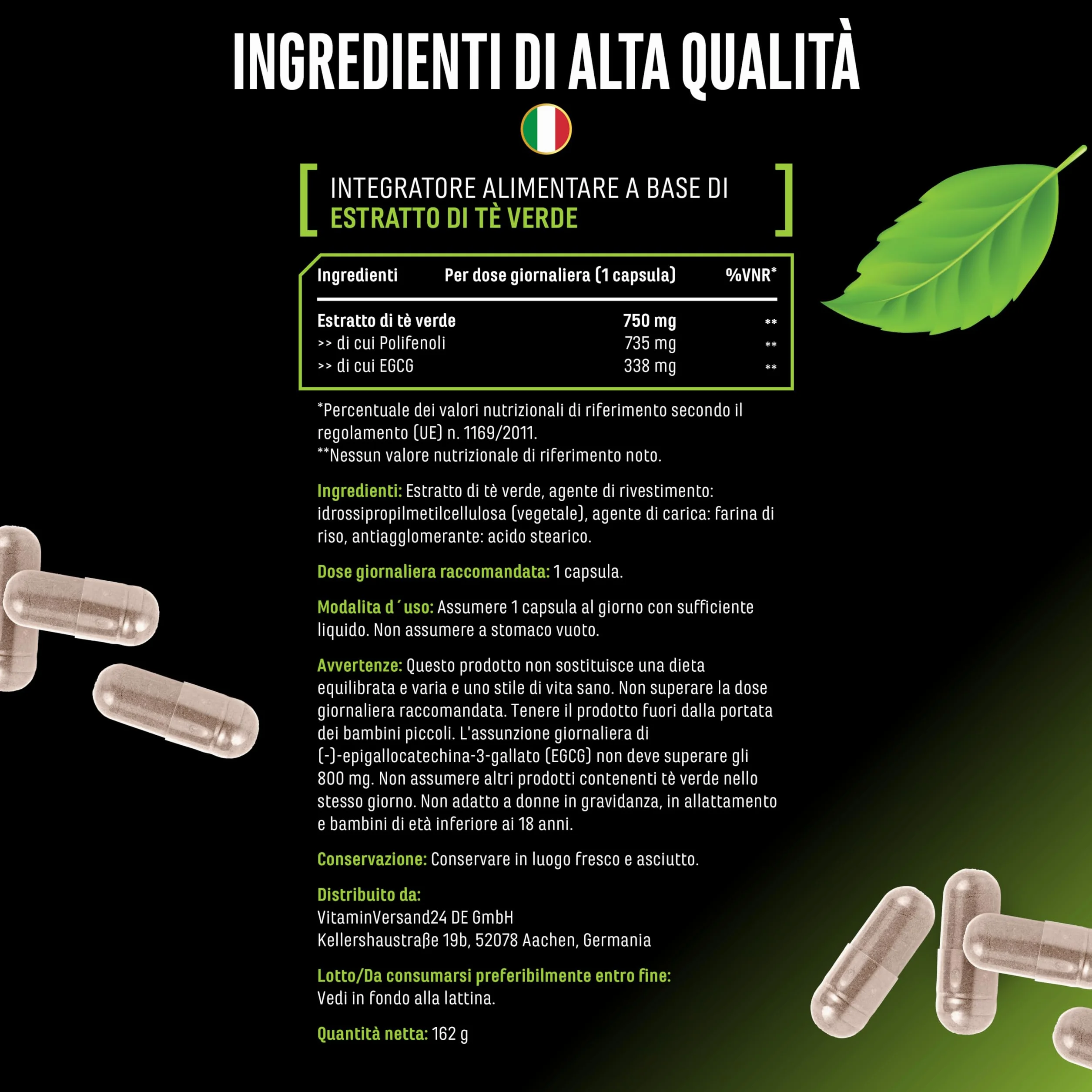 Estratto di tè verde - 180 capsule - Dosaggio extra elevato con 750 mg di estratto di tè verde per capsula - 95% di polifenoli e 45% di EGCG - Senza additivi superflui - Vegano