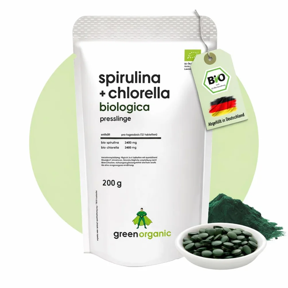 Spirulina biologica + clorella 400 compresse 200 g 500 mg per compressa Plantensis e Vulgaris alghe dosaggio elevato