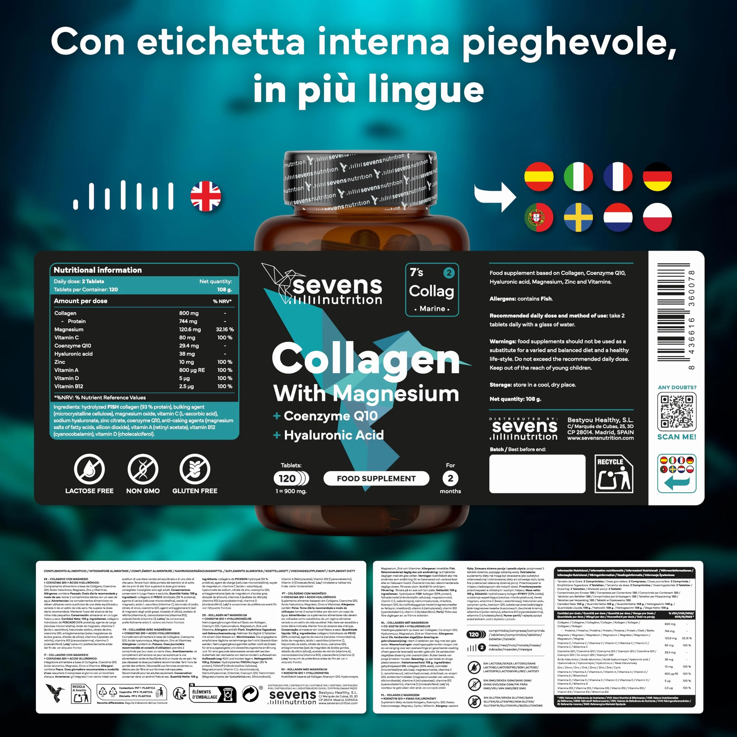 Collagene Marino con Acido Ialuronico Idrolizzato Puro - Integratore 120 Capsule – Pelle, Ossa e Articolazioni – Sevens