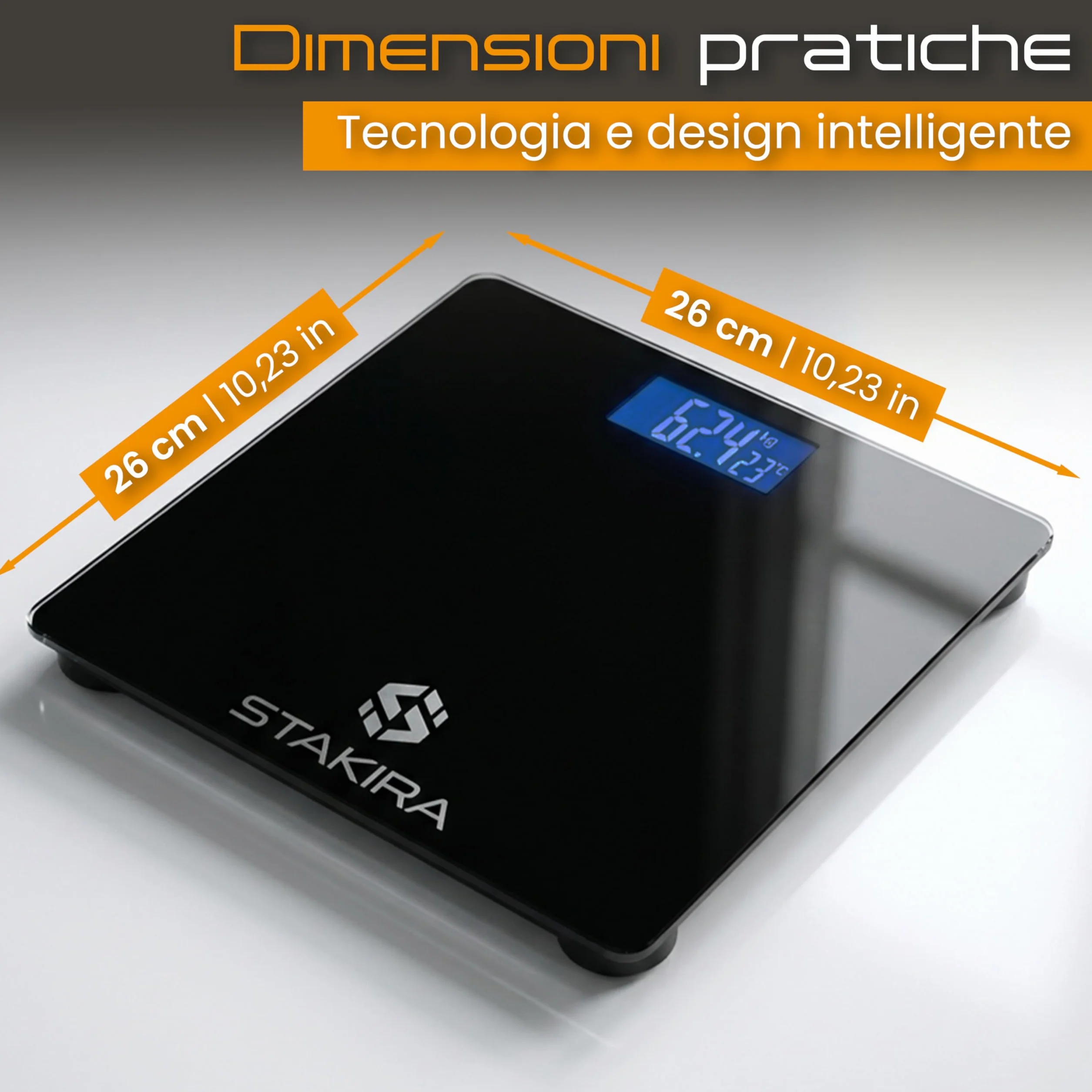 Bilancia Pesapersone Digitale STAKIRA 180 kg 0.1 kg USB Ricaricabile Display LCD Vetro Temperato Nero Temperatura Integrata 26x26 cm