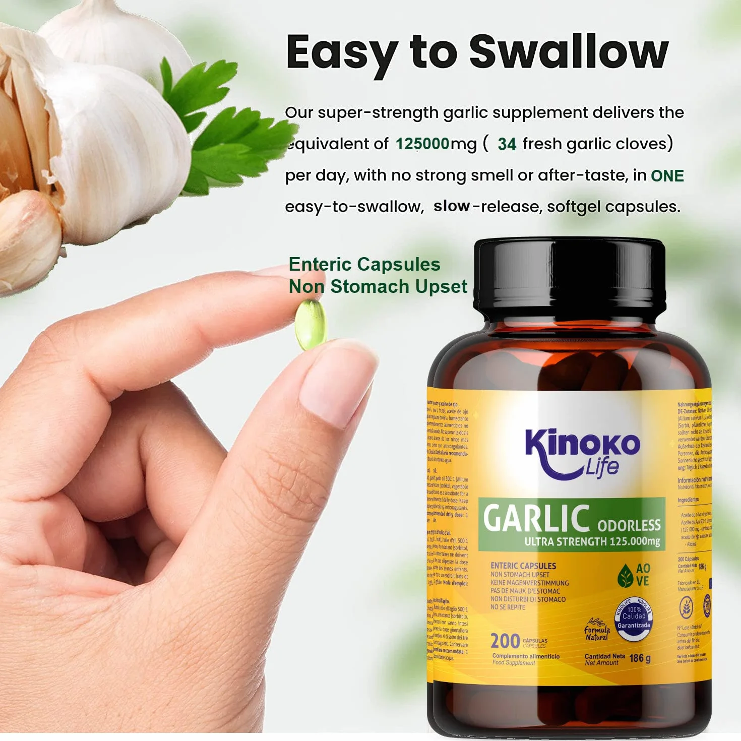 Aglio Deodorato 500:1 (Allium sativum) – 250 mg per Capsula, 2500 mcg Alicina, Softgel con Rivestimento Enterico, Formula Inodore, con Olio di Oliva, 200 Capsule, Senza Glutine, Non OGM