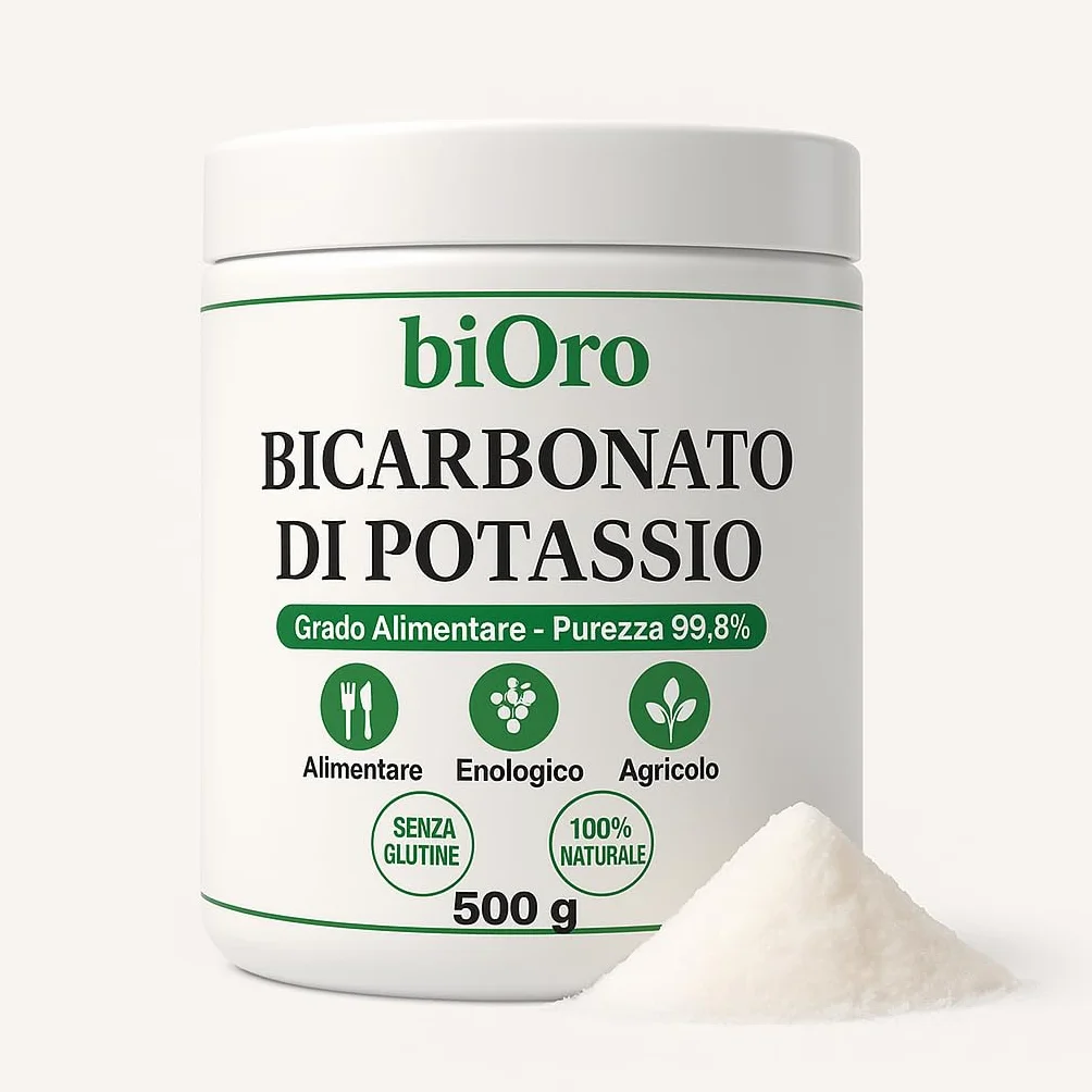 BICARBONATO DI POTASSIO Alimentare biOro 99,8% – 500g – Regolatore Acidità, Antifungino Naturale, Uso Enologico e Agricolo – Grado Alimentare Qualità Premium – Senza Glutine