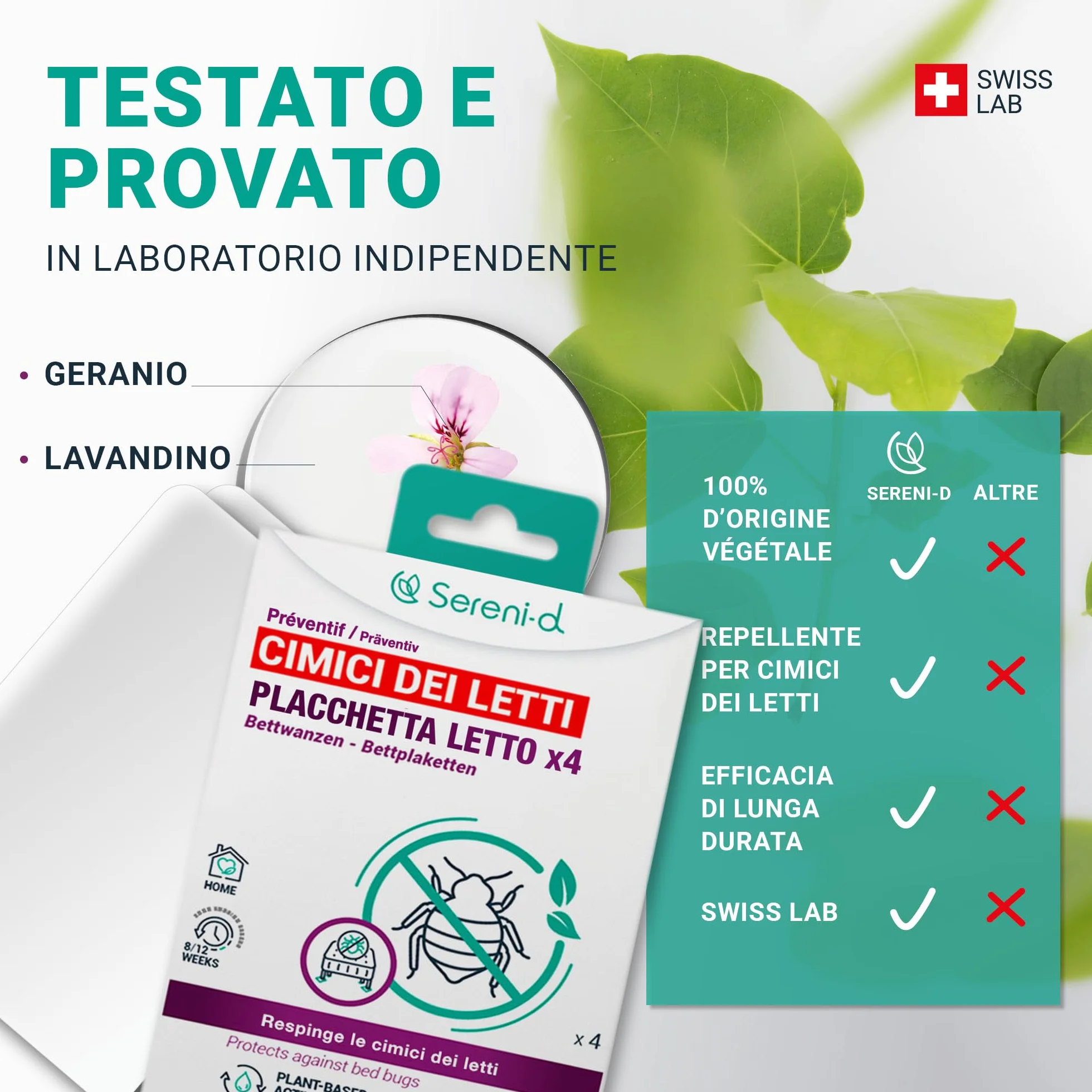 Sereni-d SWISS LAB PIASTRE LETTO repellenti per CIMICI DEI LETTI x4